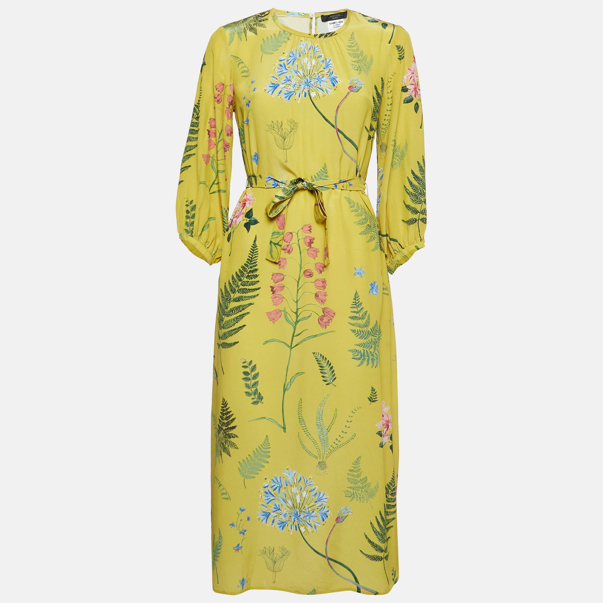Pre-owned Weekend Max Mara Yellow Medusa Printed Silk Belted Midi Dress S