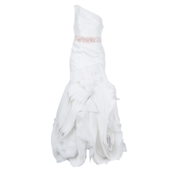 White by Vera Wang One Shoulder Organza Bias Flange Detail Wedding Dress M