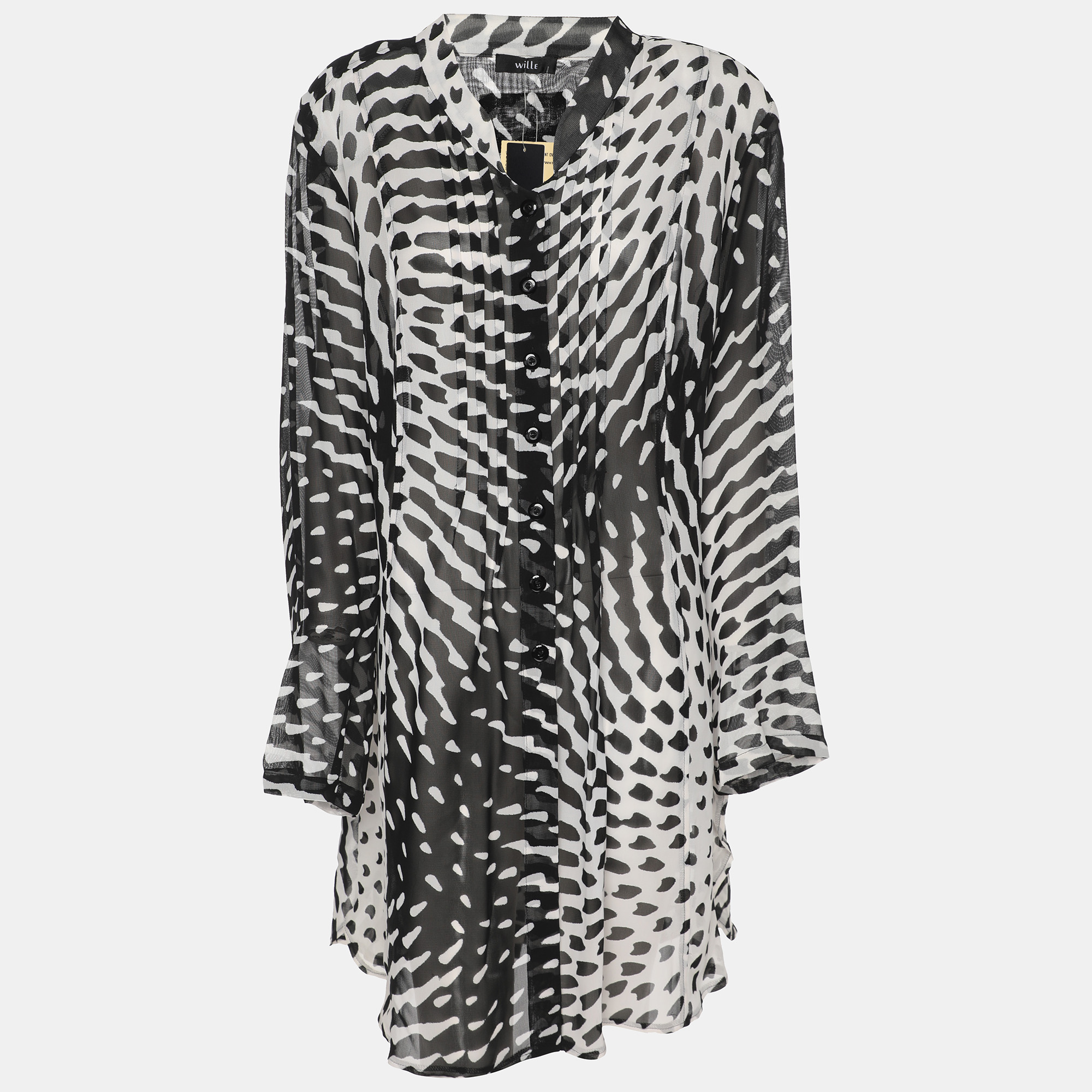 Wille Black/White Printed Chiffon Oversized Long Sleeve Shirt XL