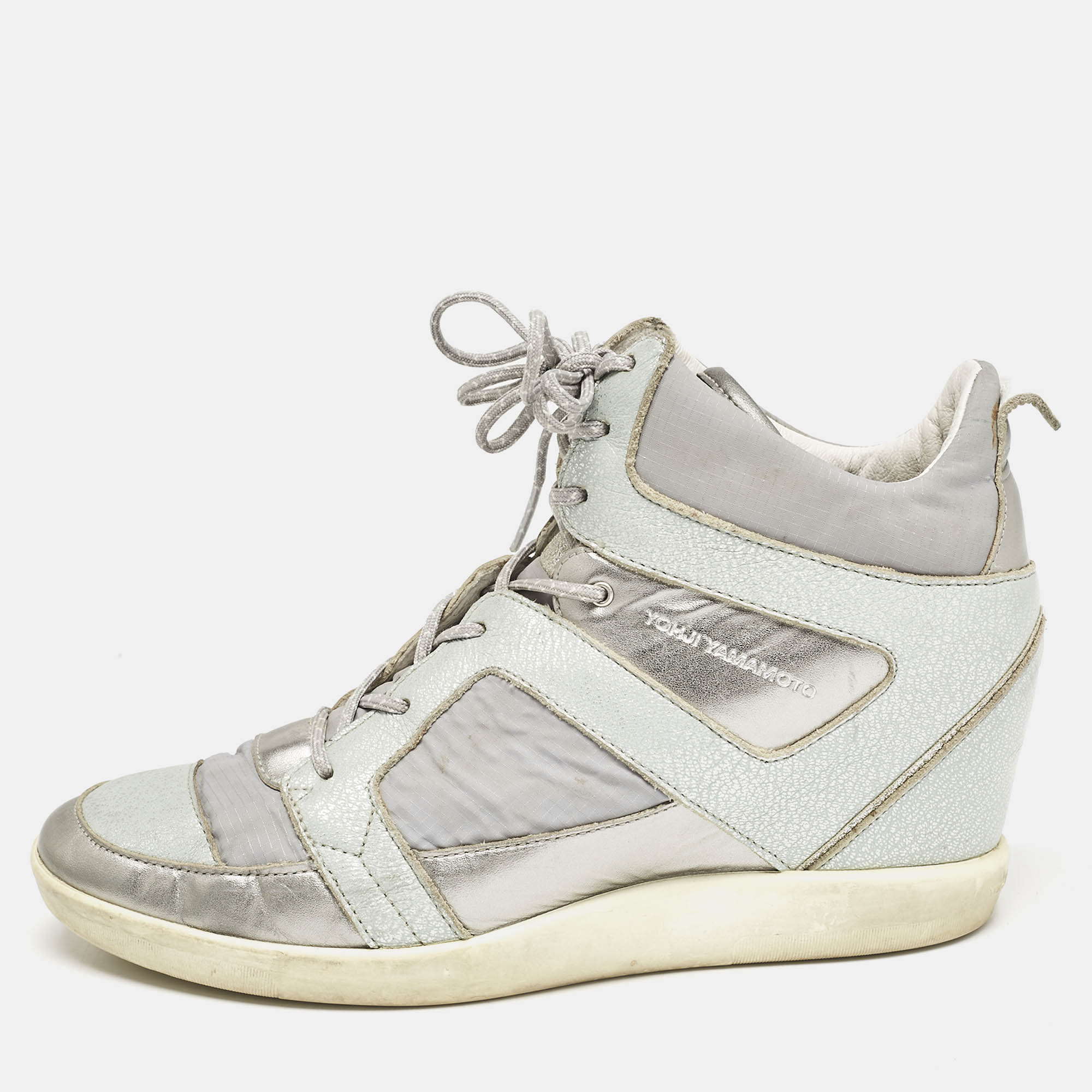 

Y-3 Silver/Grey Fabric and Leather High Top Sneakers Size 39.5