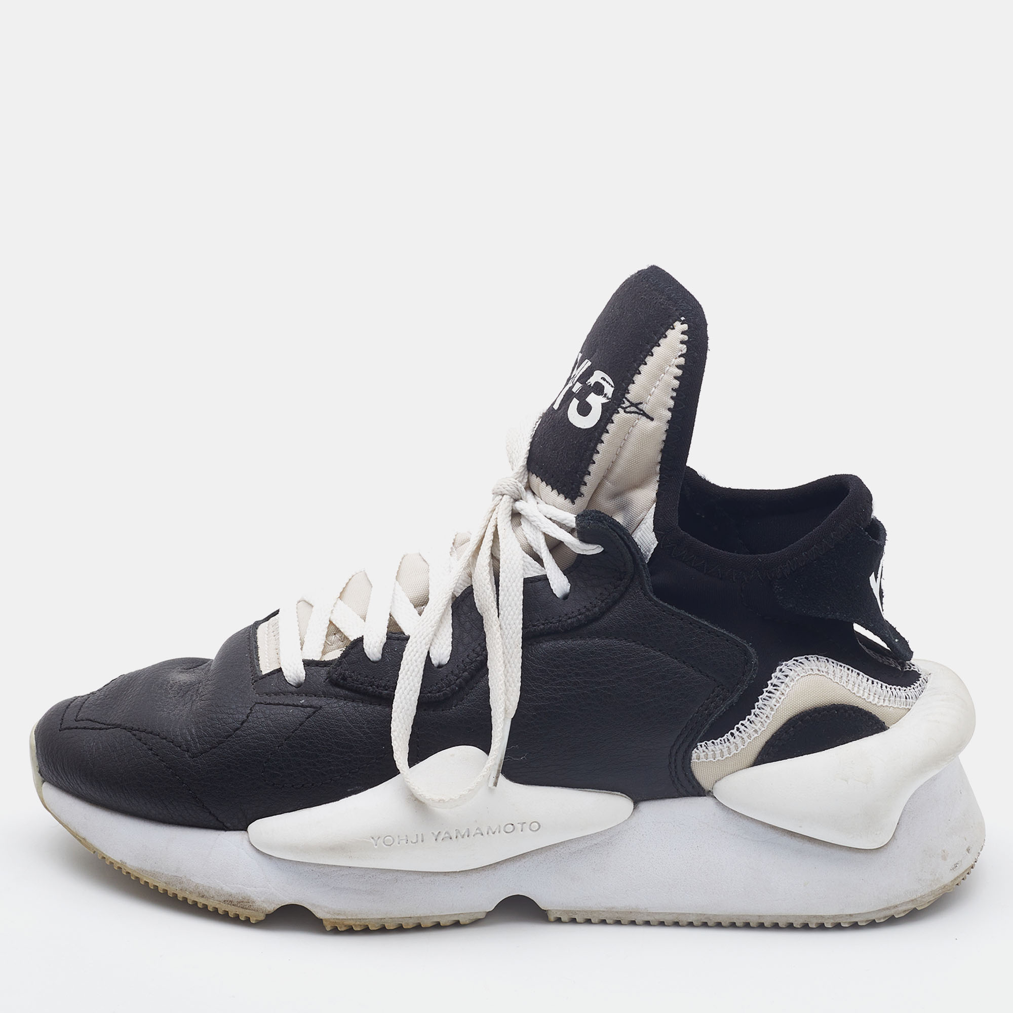

Y-3 Black/White Leather and Fabric Kaiwa Sneakers Size