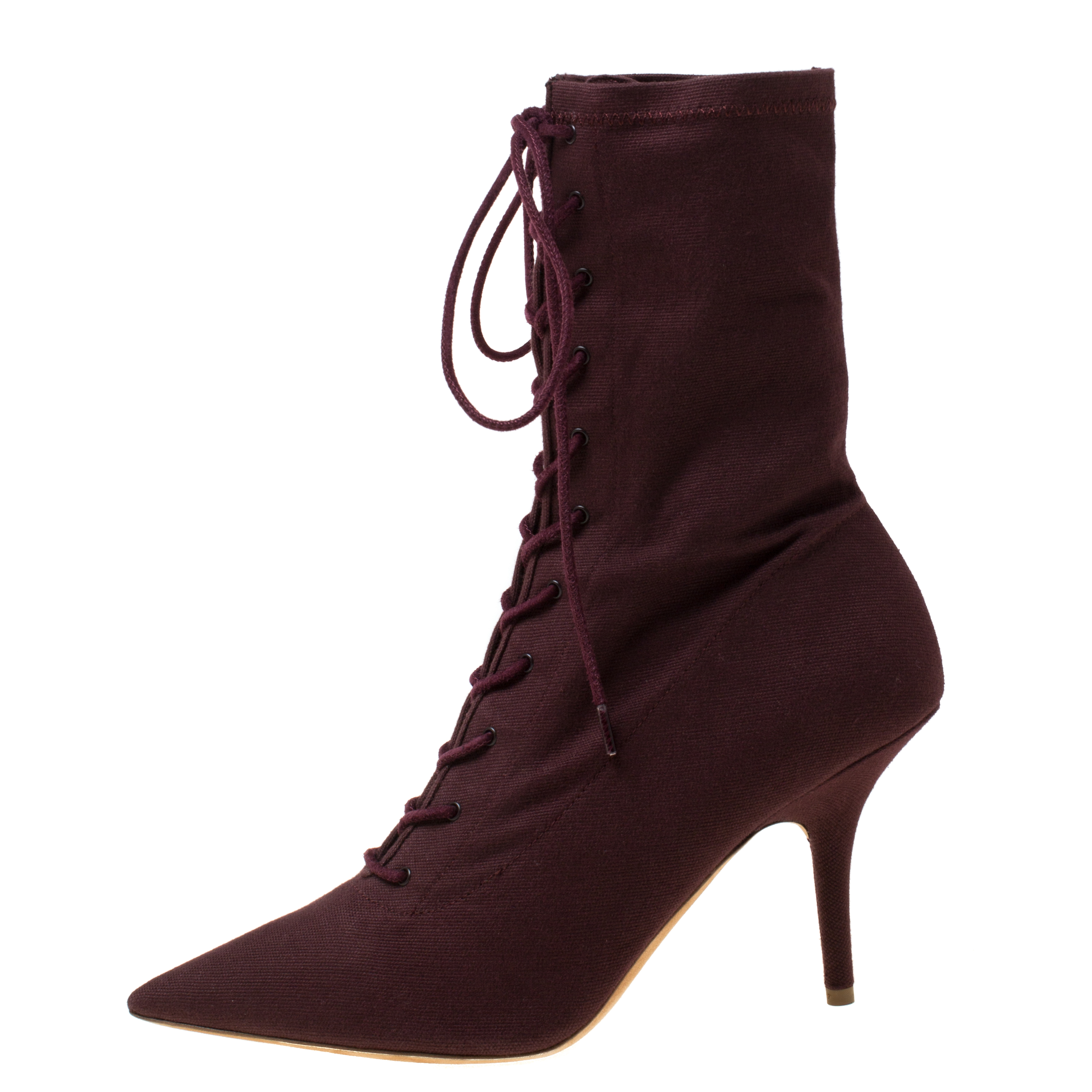 

Yeezy Season 5 Burgundy Stretch Canvas Lace Up Pointed Toe Boots Size
