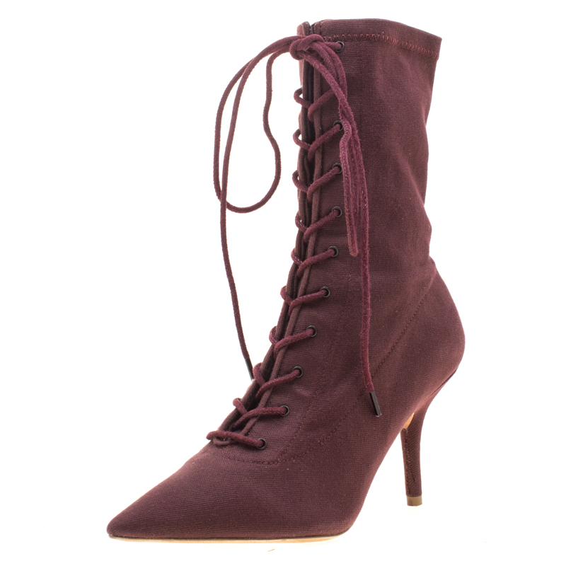 Yeezy Season 5 Burgundy Canvas Lace Up Pointed Toe Ankle Boots Size 36.5
