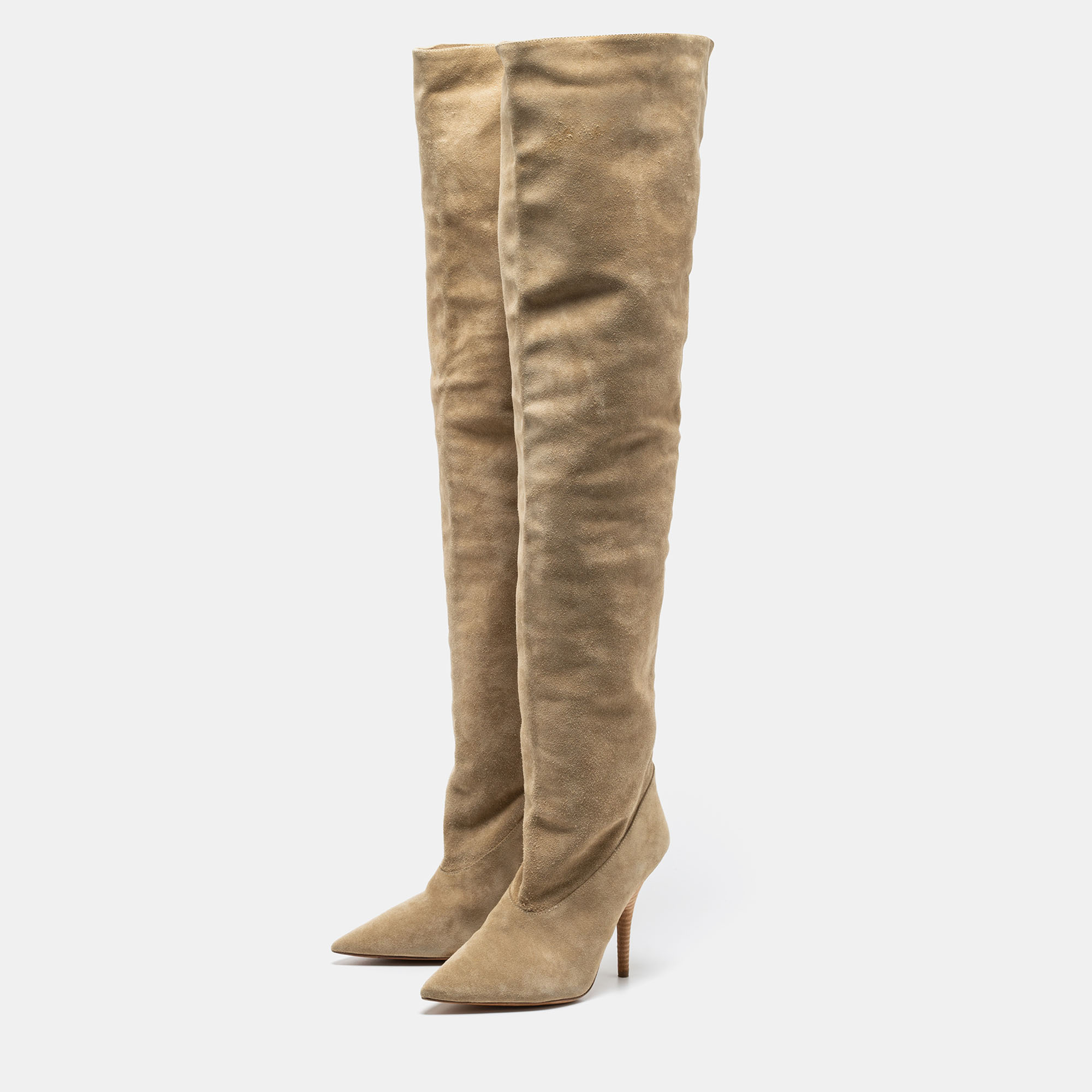 

Yeezy Season 5 Beige Suede Over The Knee Length Pointed Toe Boots Size