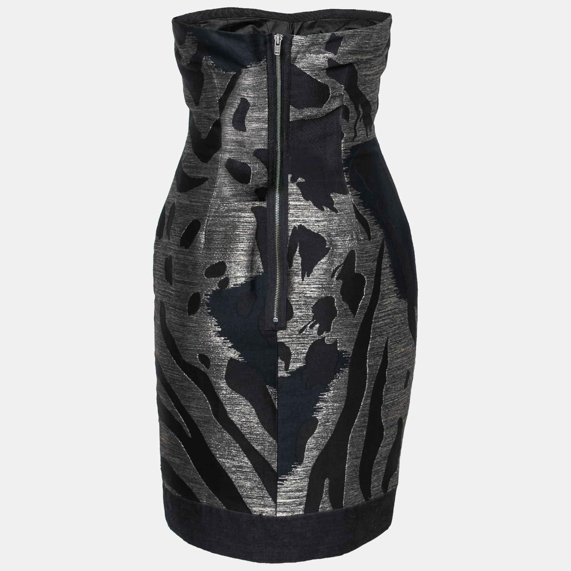 

Yigal Azrouel Black and Bronze Wool Jacquard Strapless Dress