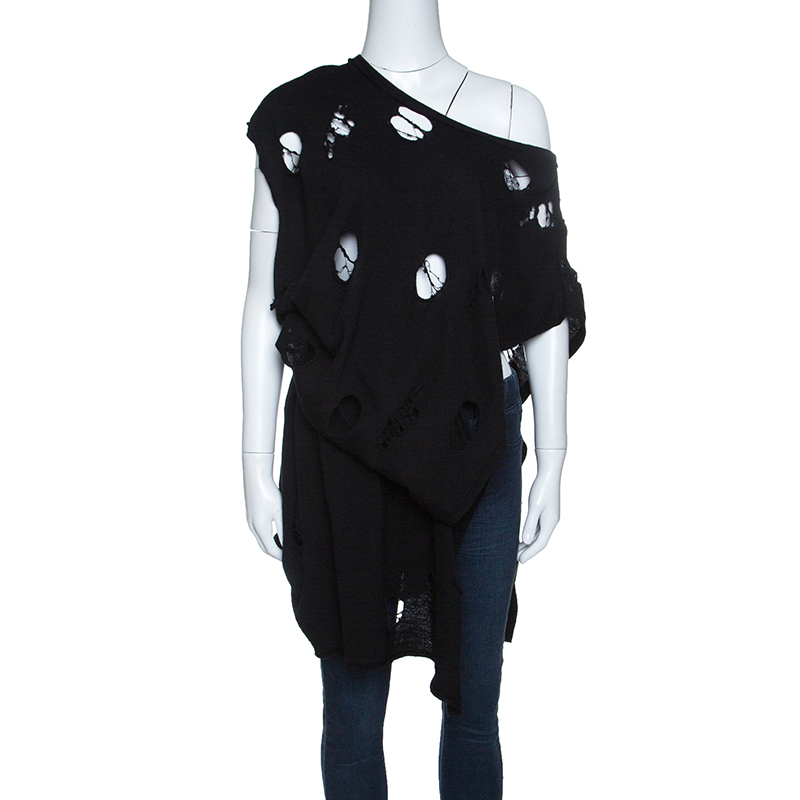 Y's Yohji Yamamoto Black Destroyed Wool Asymmetric Wrap Tunic S