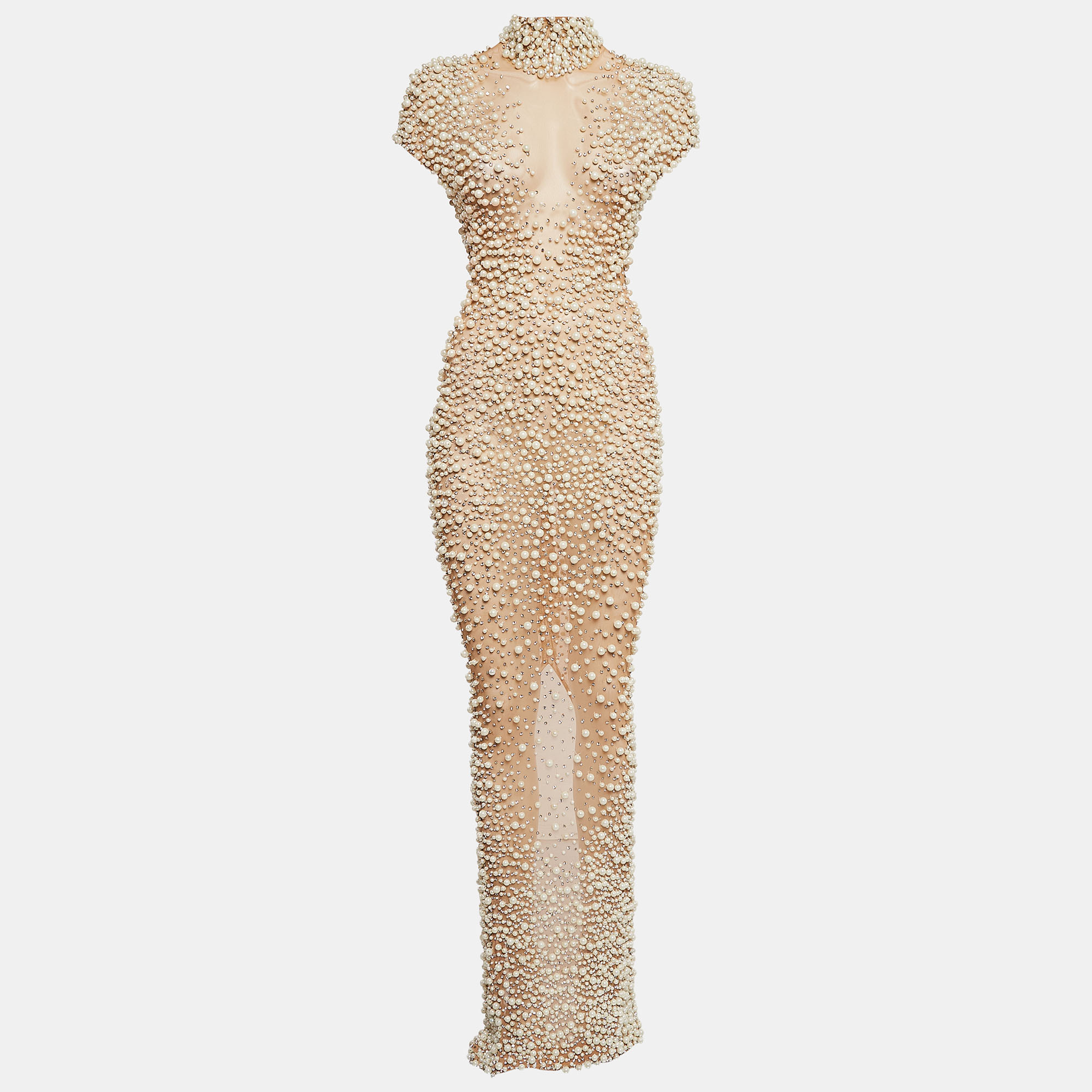 

Yousef Al Jasmi Cream Pearl Embellished Tulle Sheer Evening Dress S