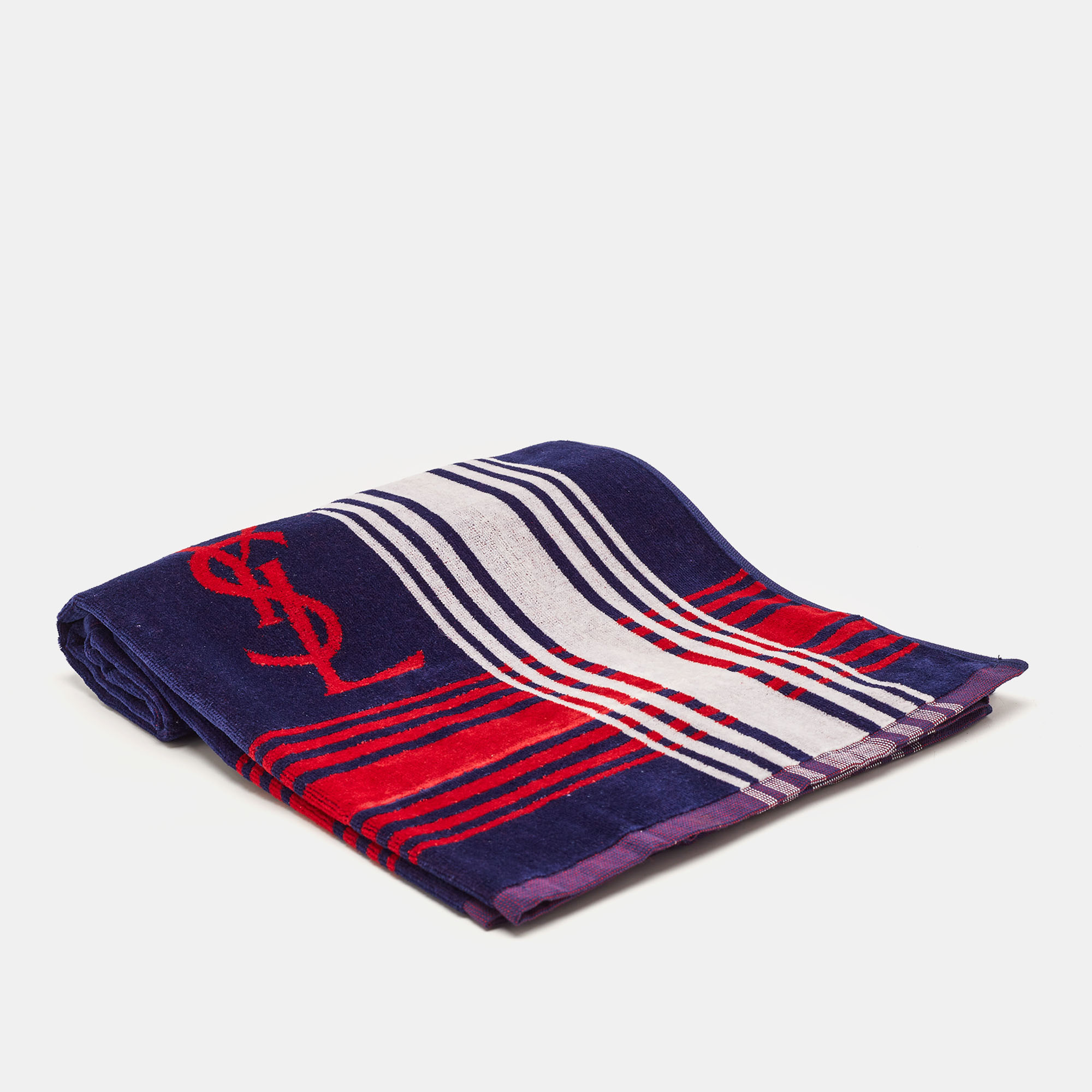 Pre-owned Saint Laurent Vintage Red/navy Blue Logo Patterned Terry Towel