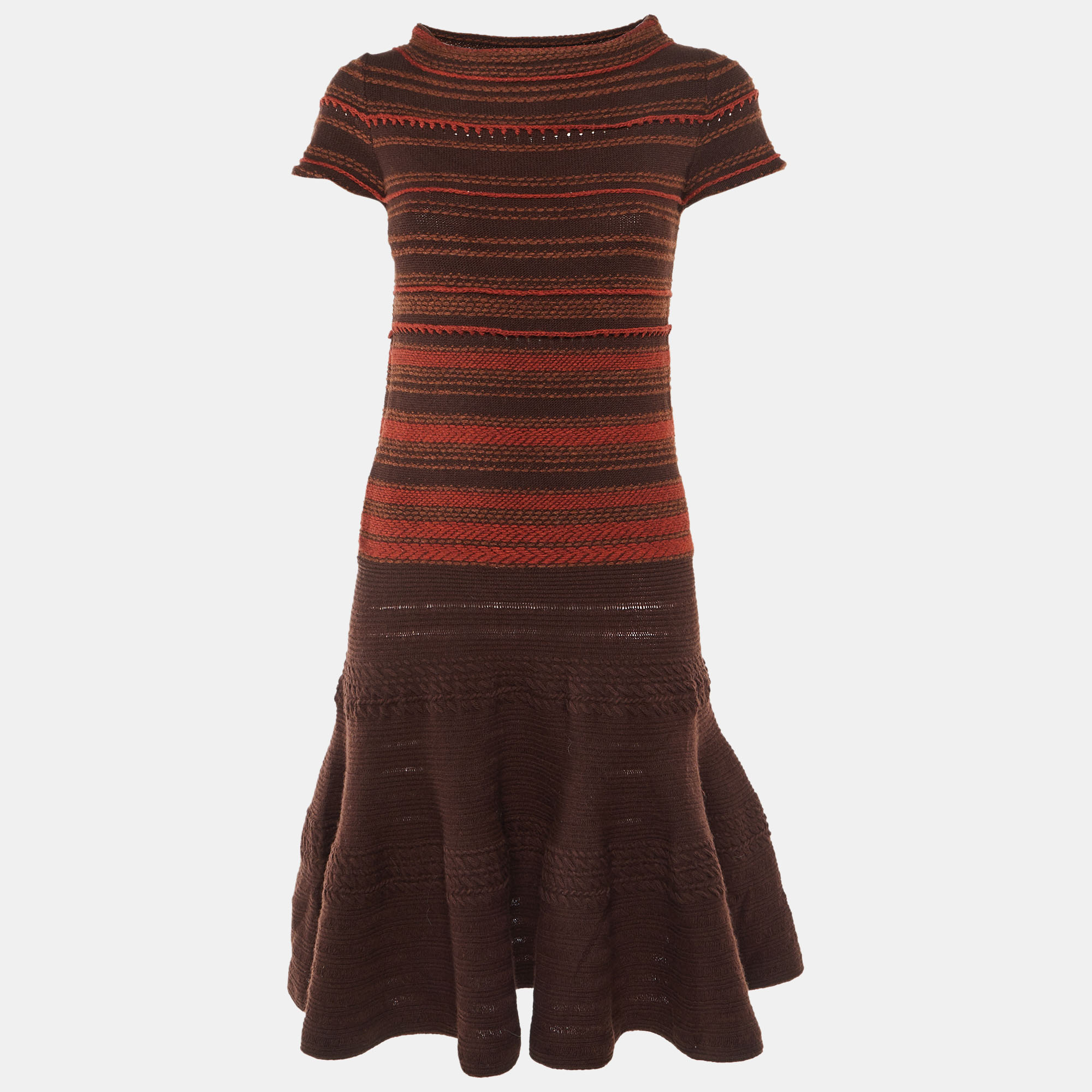 Pre-owned Saint Laurent Brown Striped Wool & Cashmere Knit Midi Dress S
