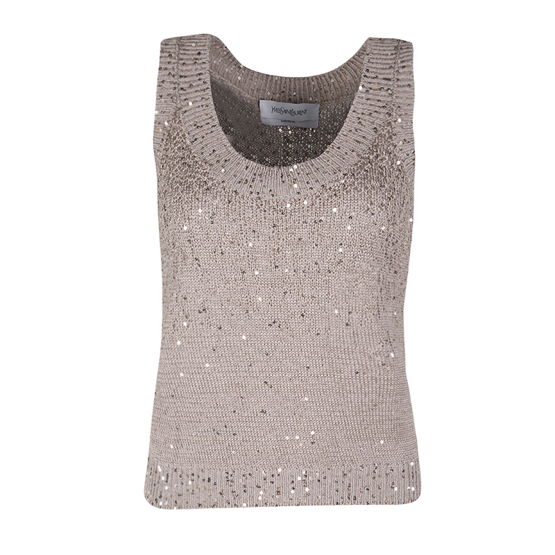 Pre Owned Yves Saint Laurent Paris Beige Sequined Cropped Sleeveless Sweater M