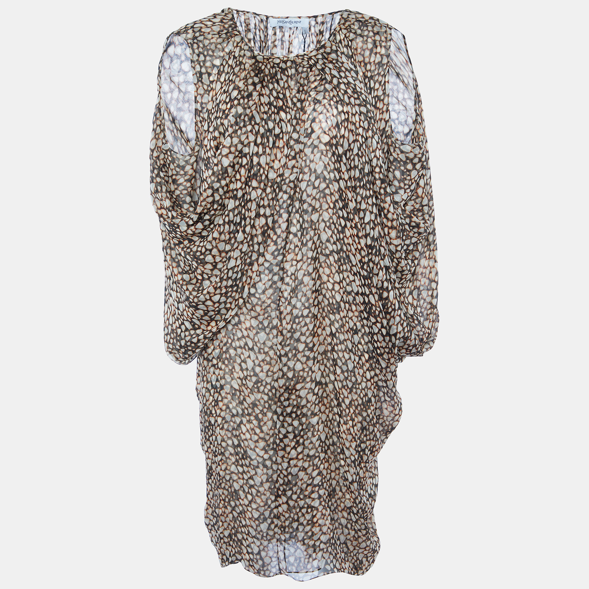 

Yves Saint Laurent Brown Printed Silk Draped Midi Dress