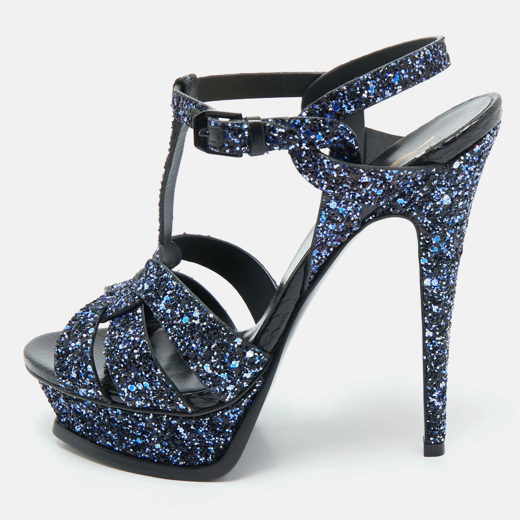 Pre-owned Saint Laurent Navy Blue Glitter And Python Embossed Tribute Platform Sandals Size 38.5