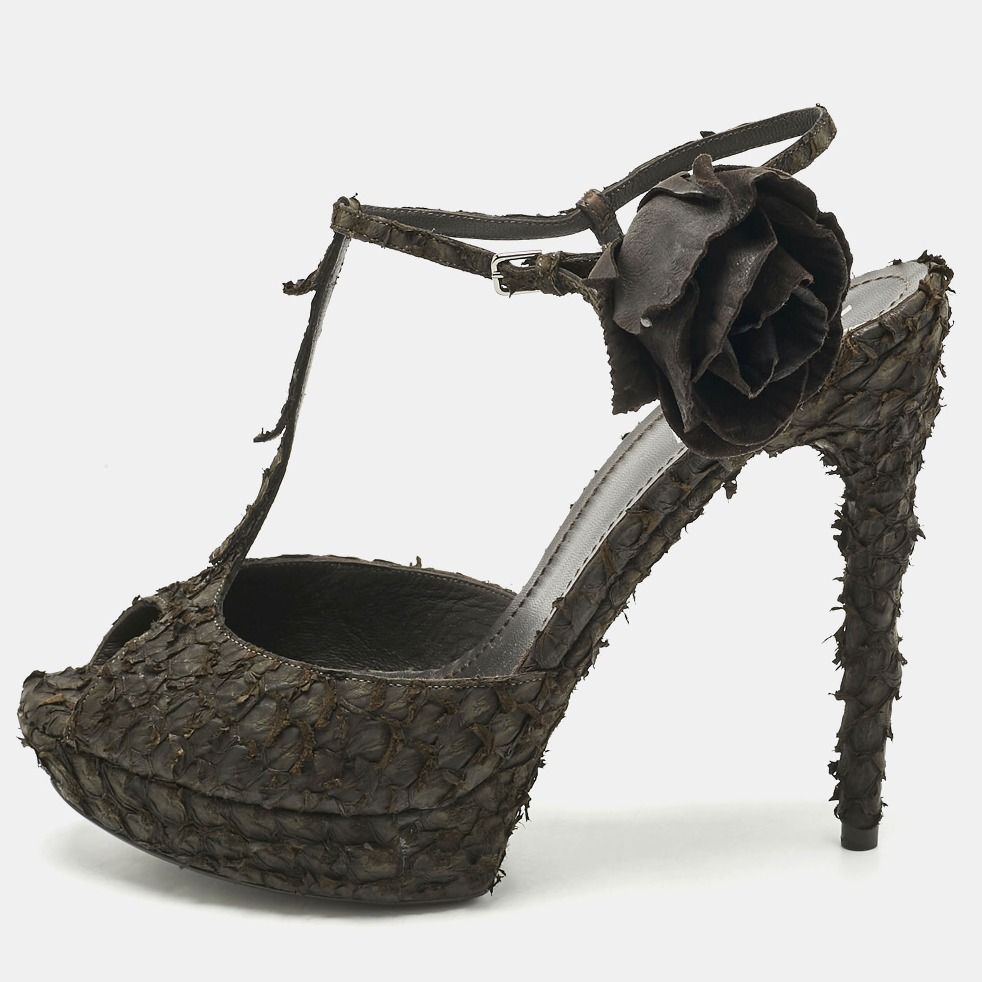 Pre-owned Saint Laurent Dark Brown Python Platform Sandals Size 39.5