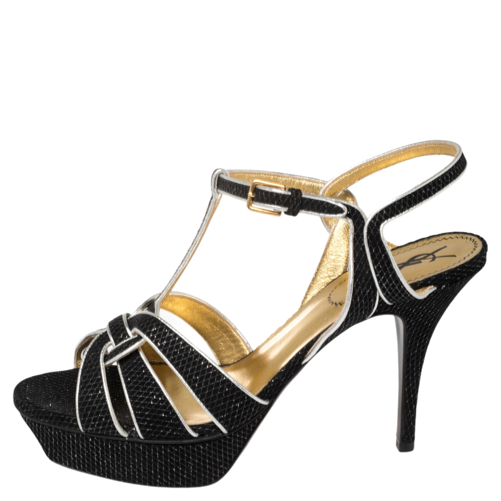 

Yves Saint Laurent Black/Silver Textured Suede And Leather Tribute Platform Ankle Strap Sandals Size