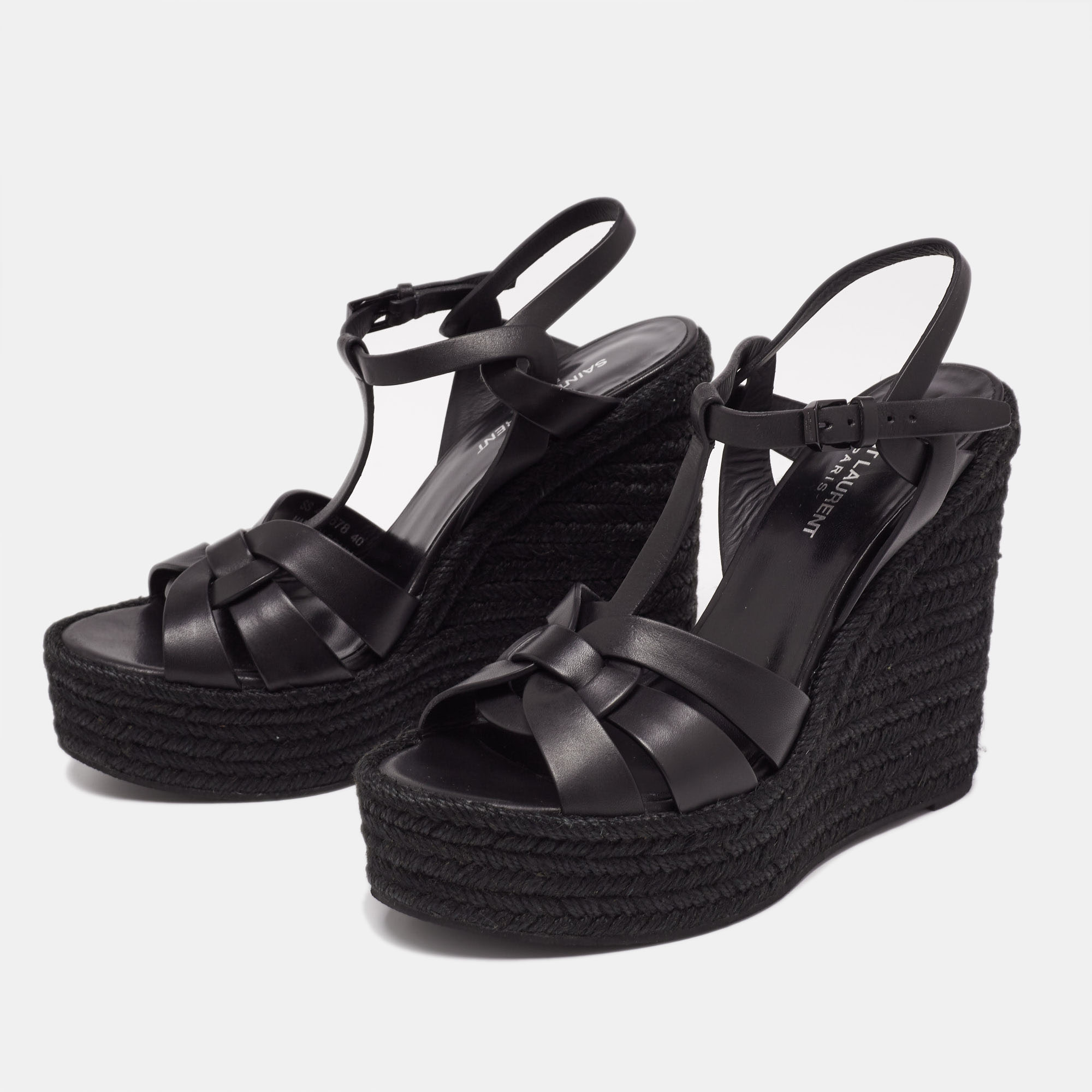 

Yves Saint Laurent Black Leather Tribute Espadrilles Wedge Sandals Size