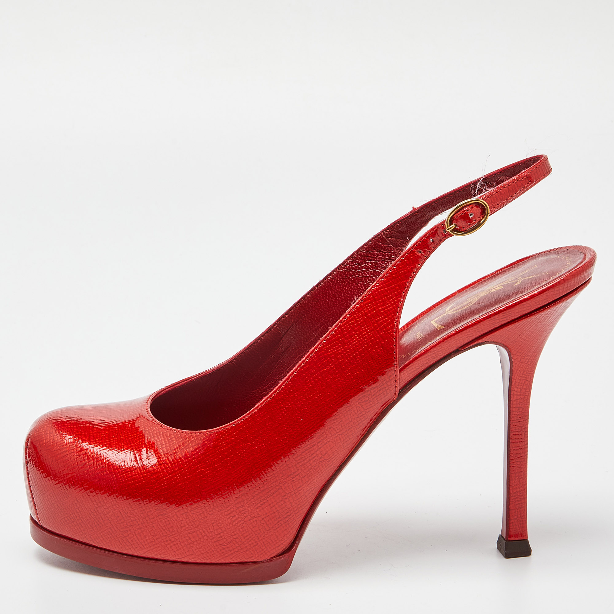 Pre-owned Saint Laurent Red Patent Leather Tribtoo Slingback Pumps Size 36.5