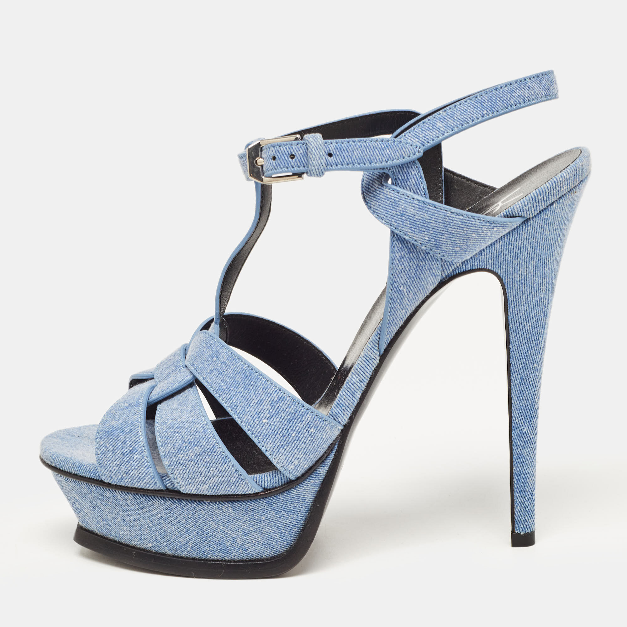 Pre-owned Saint Laurent Blue Denim Tribute Ankle Strap Sandals Size 39