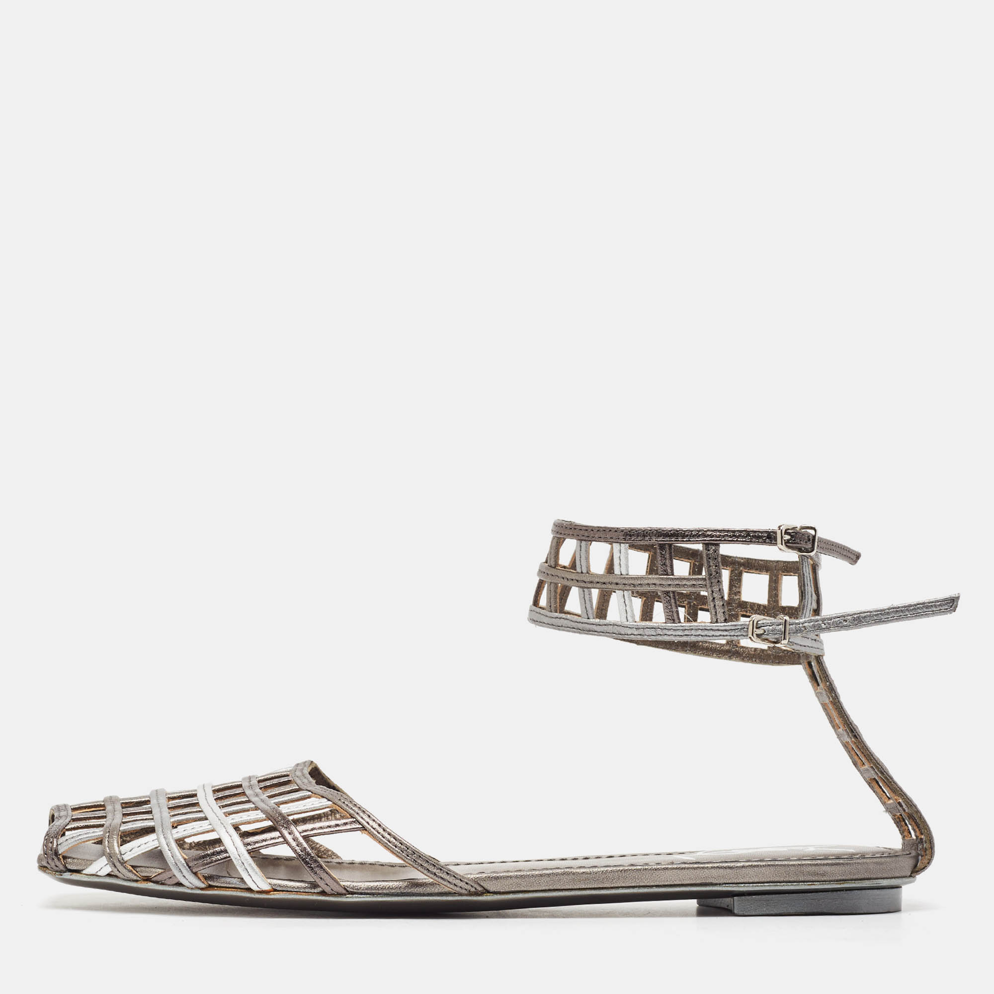 

Yves Saint Laurent Metallic Tricolor Leather Caged Ankle Strap Flats Size