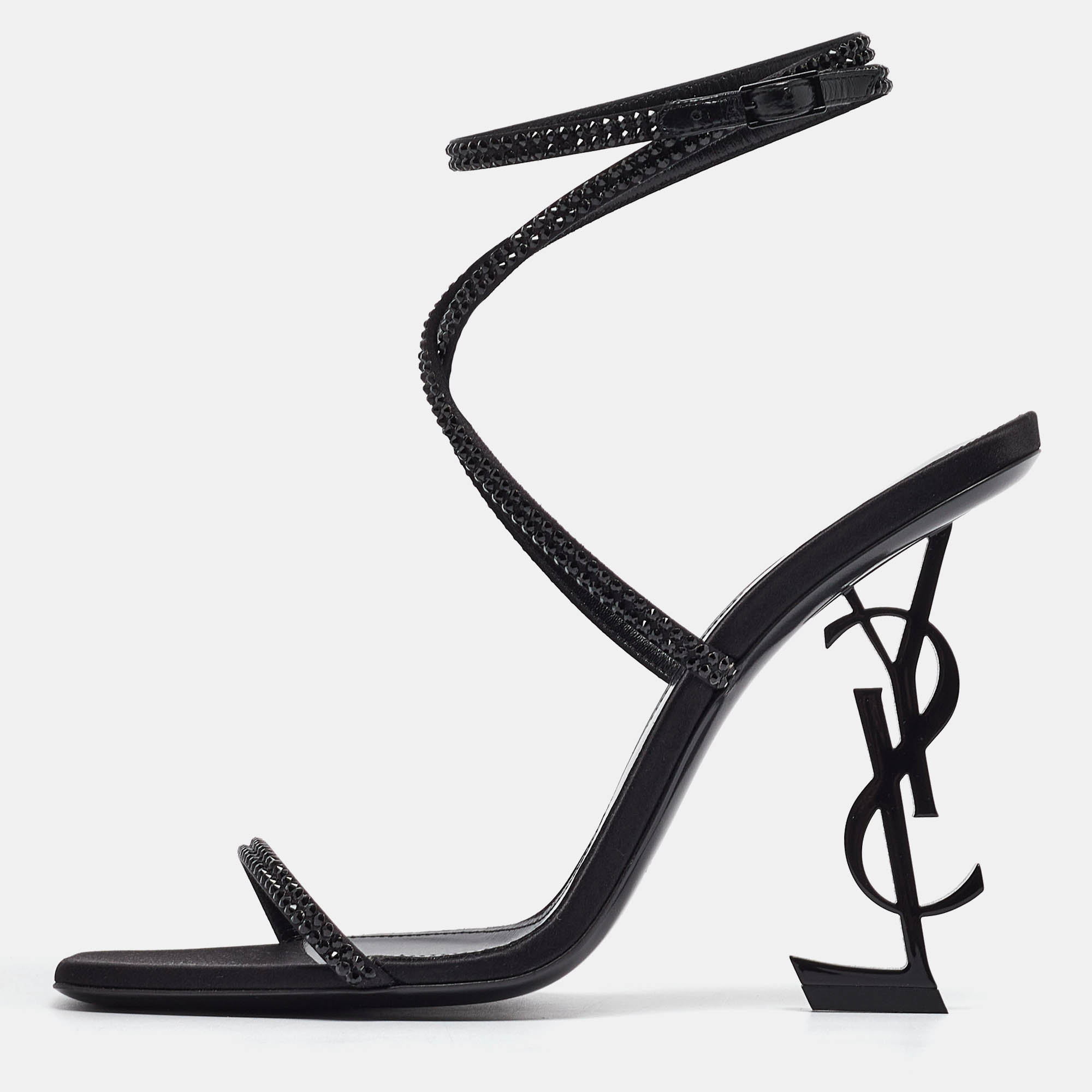 Pre-owned Saint Laurent Black Crystal Embellished Satin Opyum Ankle Strap Sandals Size 40