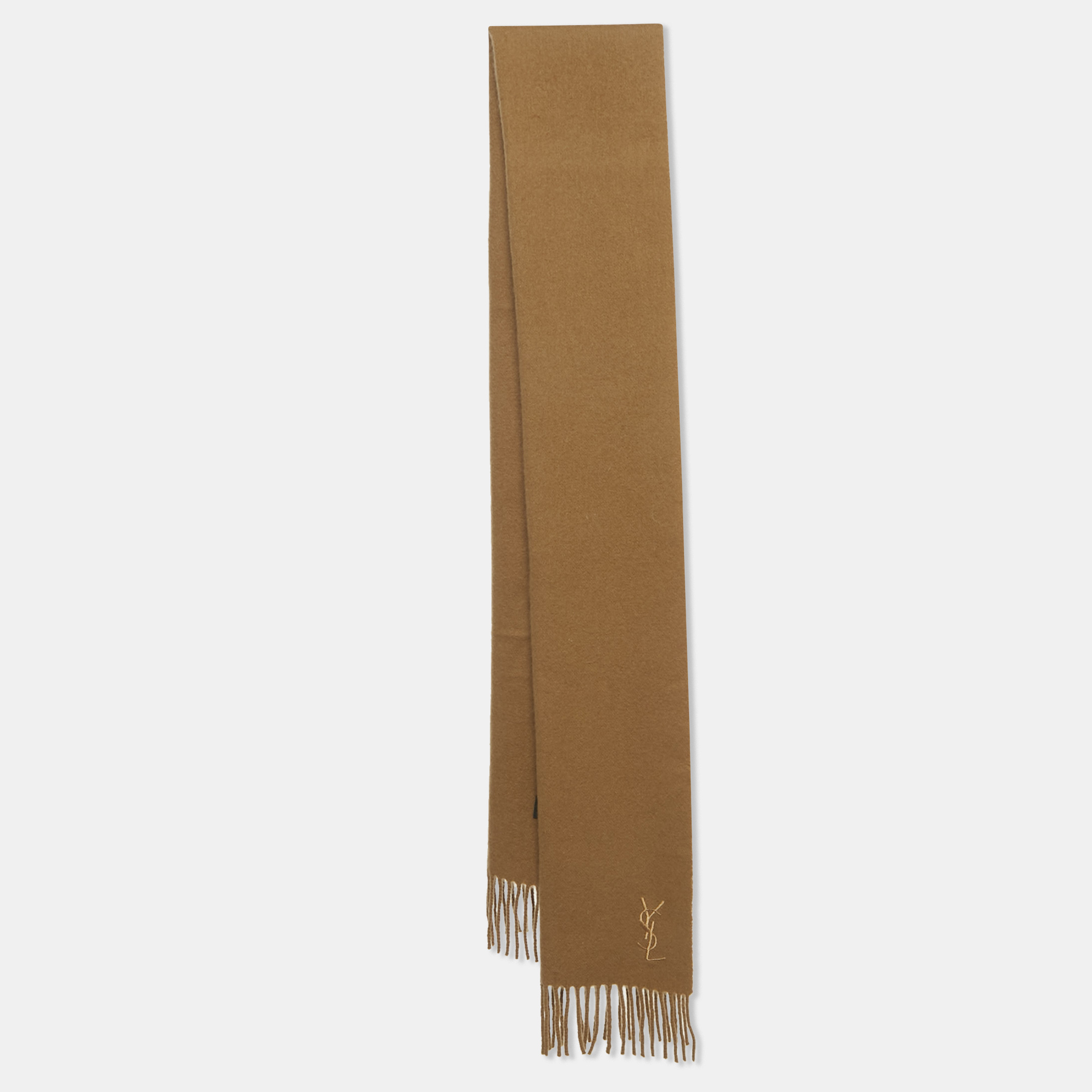 

Yves Saint Laurent Vintage Brown Logo Embroidered Wool Fringed Muffler