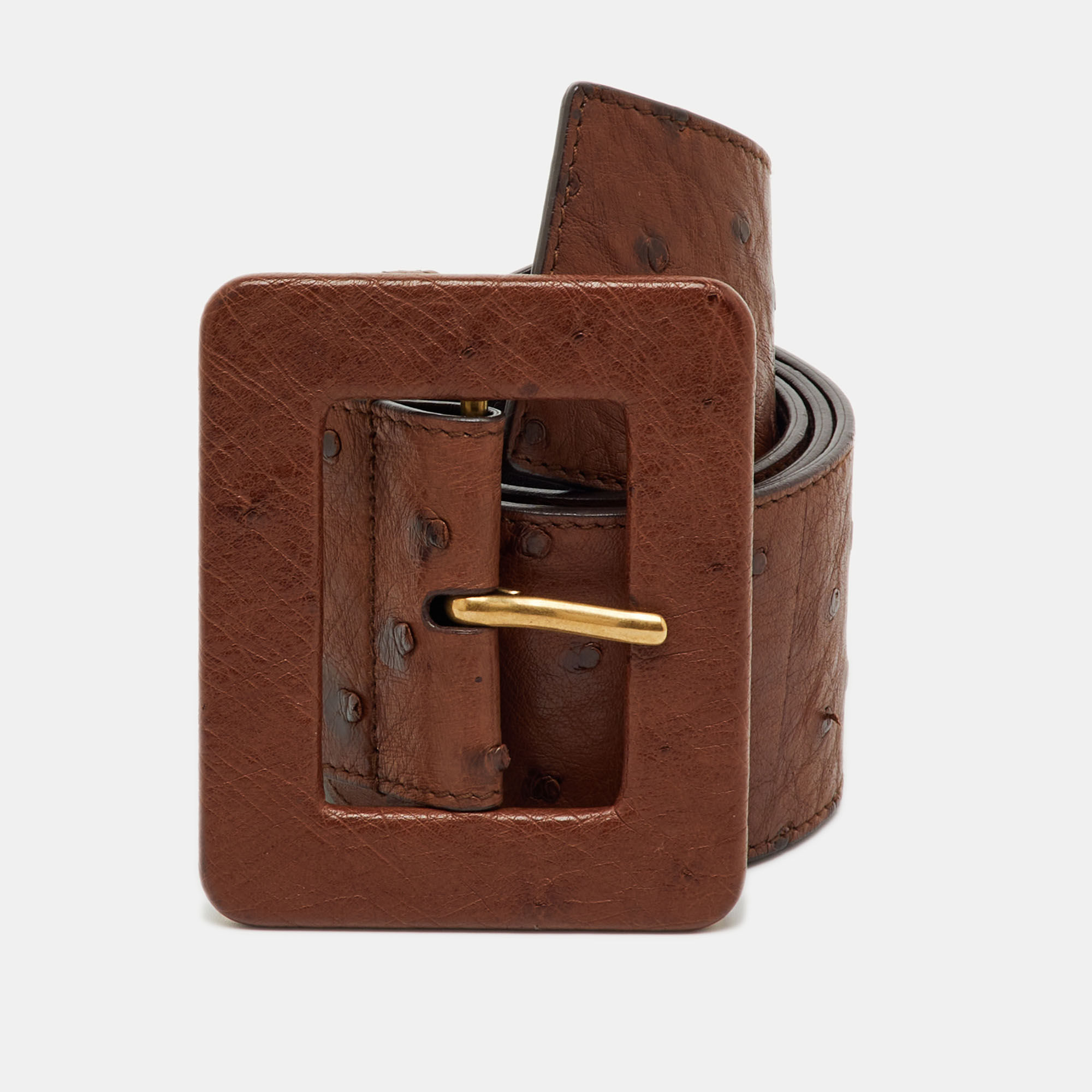 Pre-owned Saint Laurent Brown Ostrich Leather Buckle Wide Belt 80cm