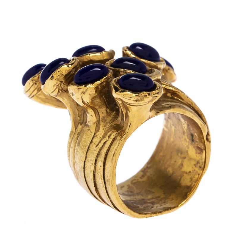 Yves Saint Laurent Arty Dots Blue Cabochon Gold Tone Ring Size 52