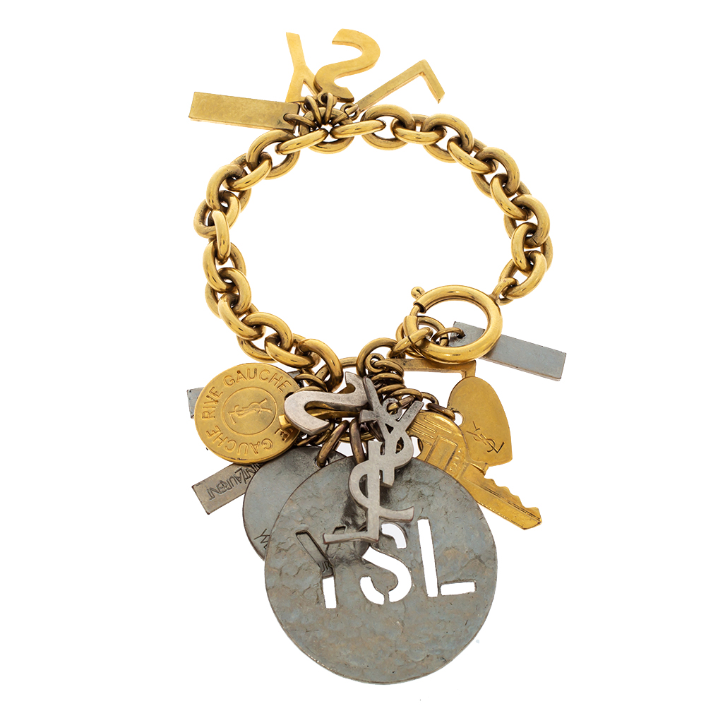 Yves Saint Laurent Rive Gauche Multi-charm Two Tone Chain Link Bracelet