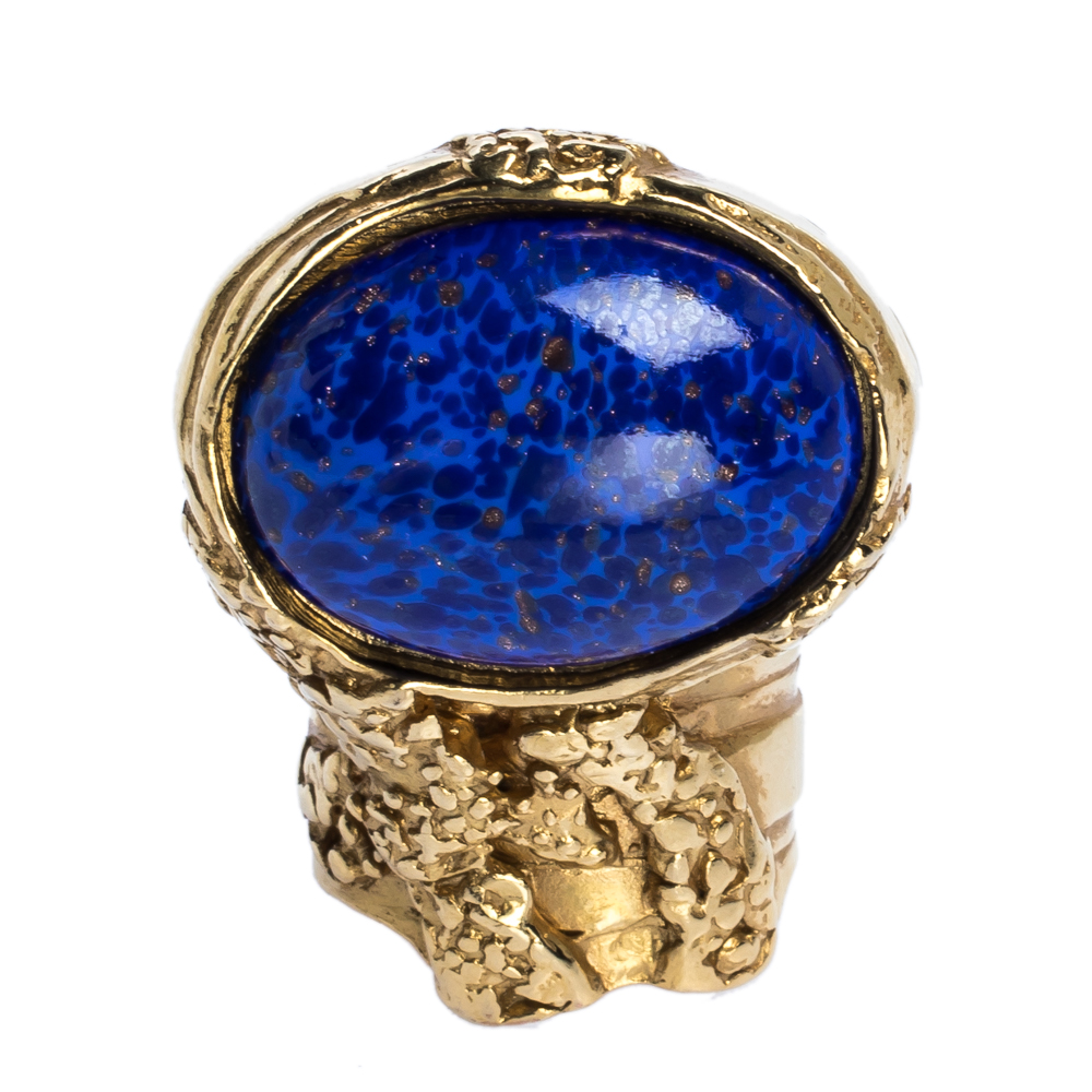 

Yves Saint Laurent Arty Glass Cabochon Gold Tone Cocktail Ring Size, Blue