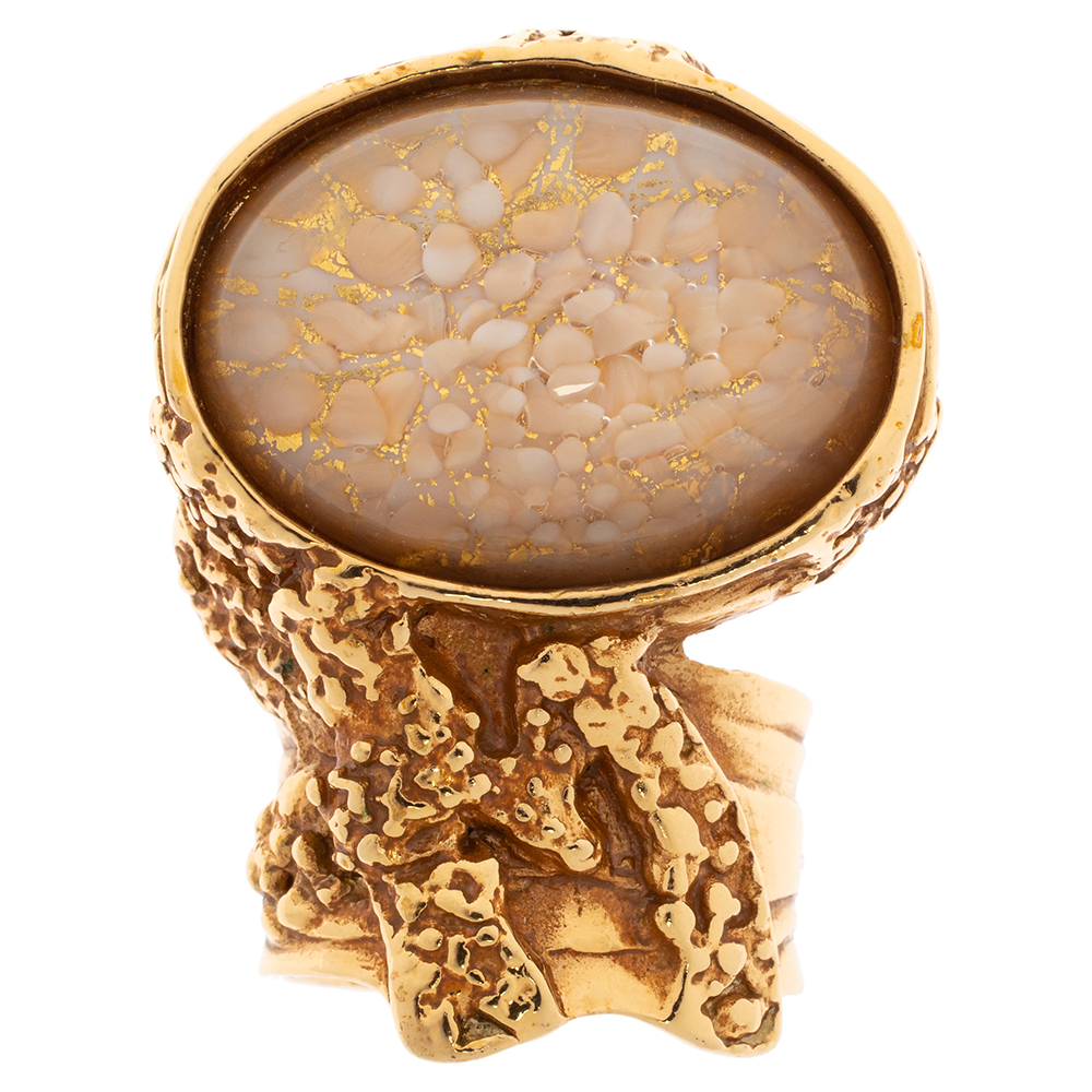 

Yves Saint Laurent White & Pink Inlay Gold Tone Arty Ring Size EU 52