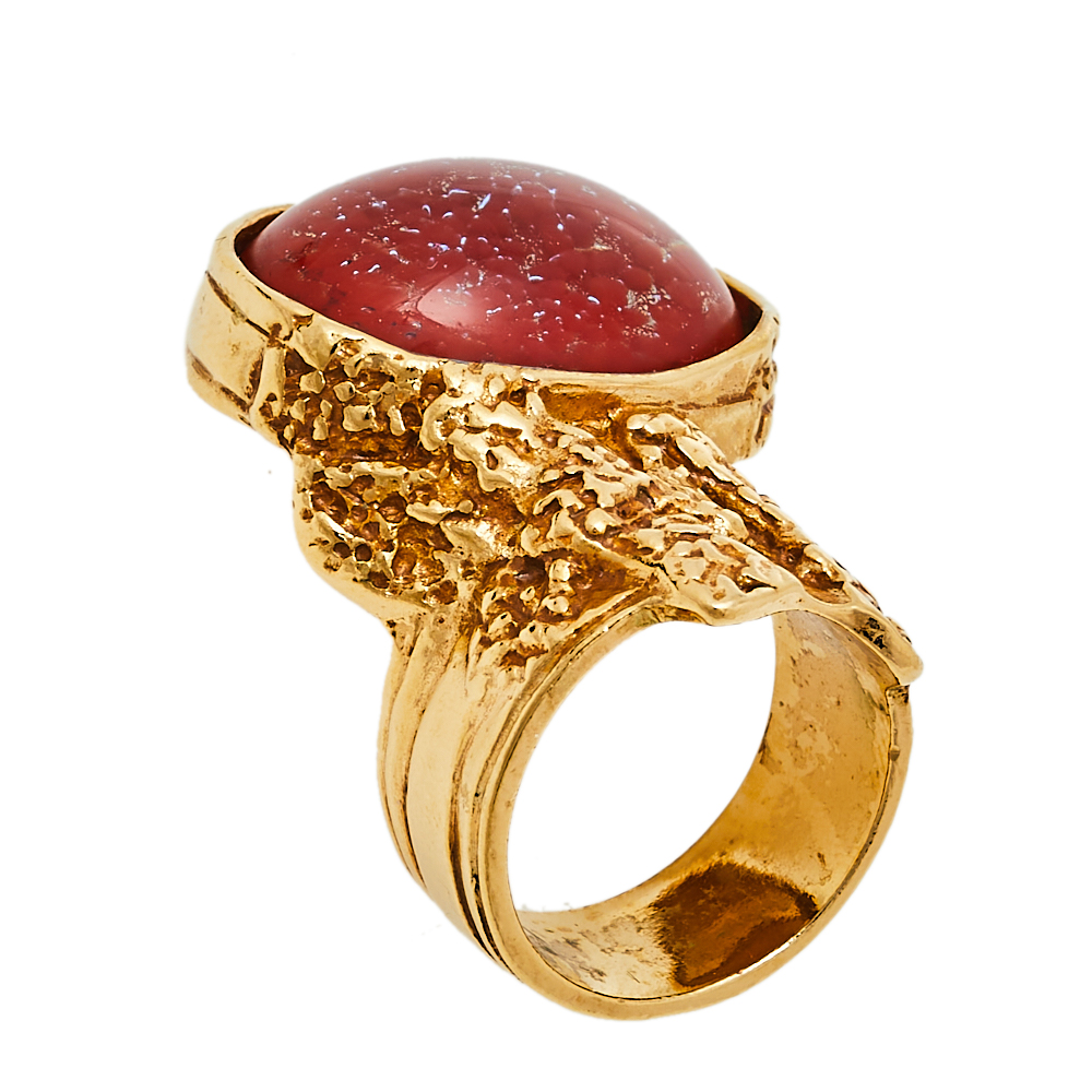 Pre-owned Saint Laurent Red Glass Cabochon Arty Ring Size Eu 57