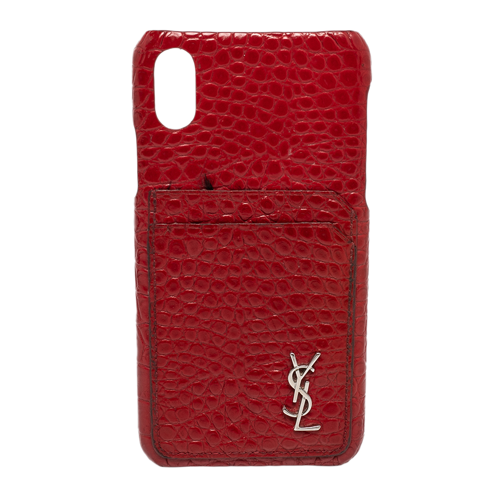 Pre-owned Saint Laurent Paris Red Croc Embossed Leather Iphone Xs Max Case