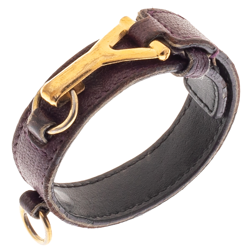 

Yves Saint Laurent Purple Leather Gold Tone Y Hook Bracelet