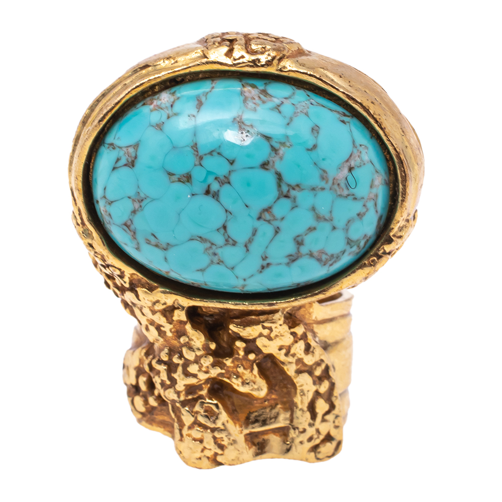 

Yves Saint Laurent Blue Glass Cabochon Gold Tone Arty Ring Size