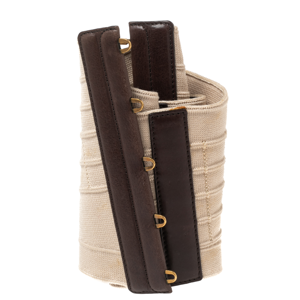 

Yves Saint Laurent Beige/Brown Leather and Elastic Hook Corset Waist Belt