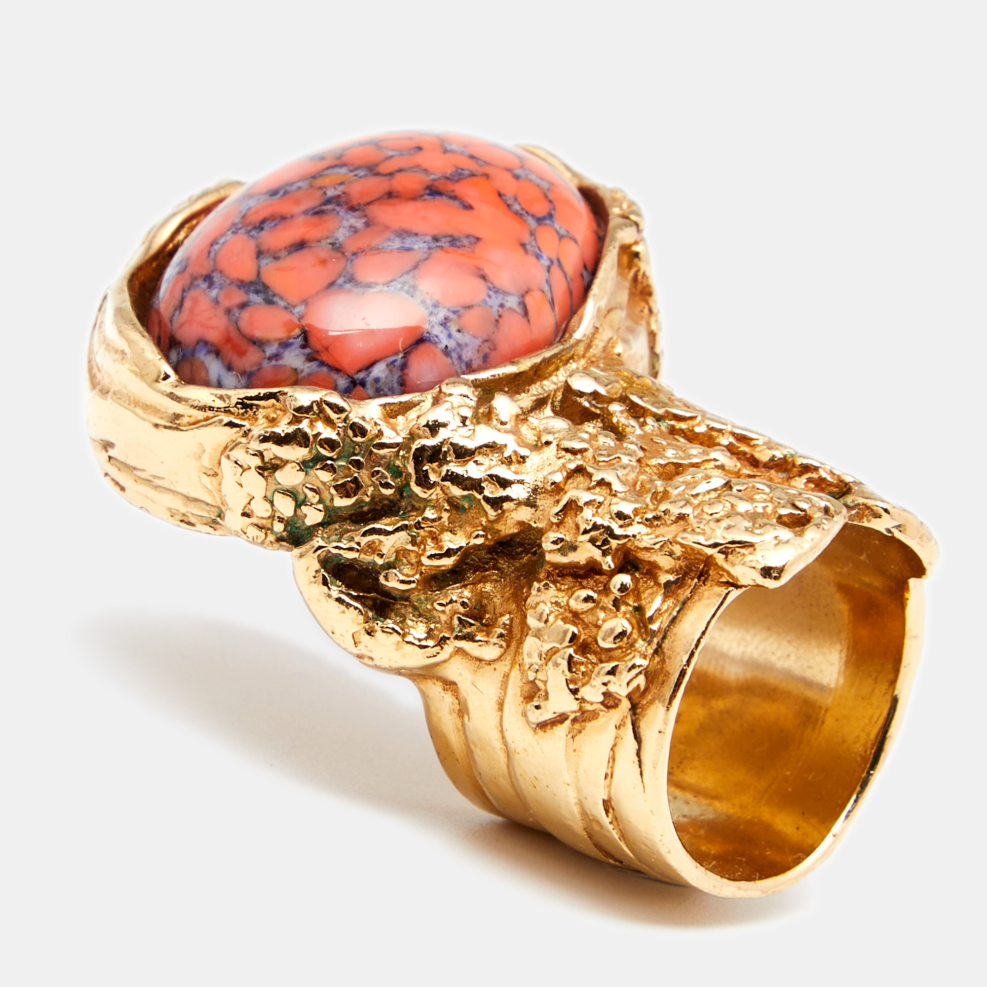 Pre-owned Saint Laurent Coral Cabochon Arty Cocktail Ring Eu 49 In Orange