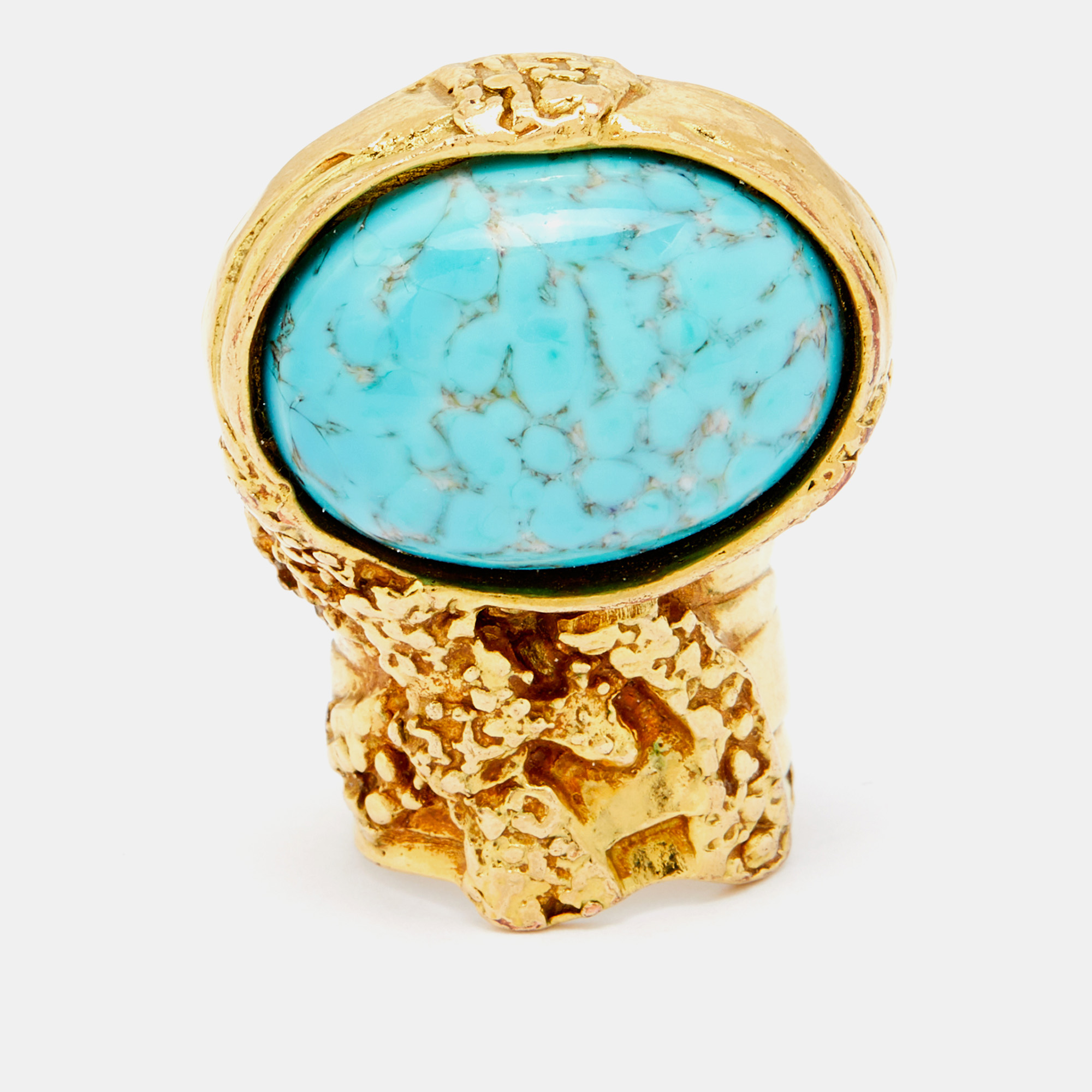 

Saint Laurent Arty Turquoise Glass Cabochon Gold Tone Ring Size, Blue
