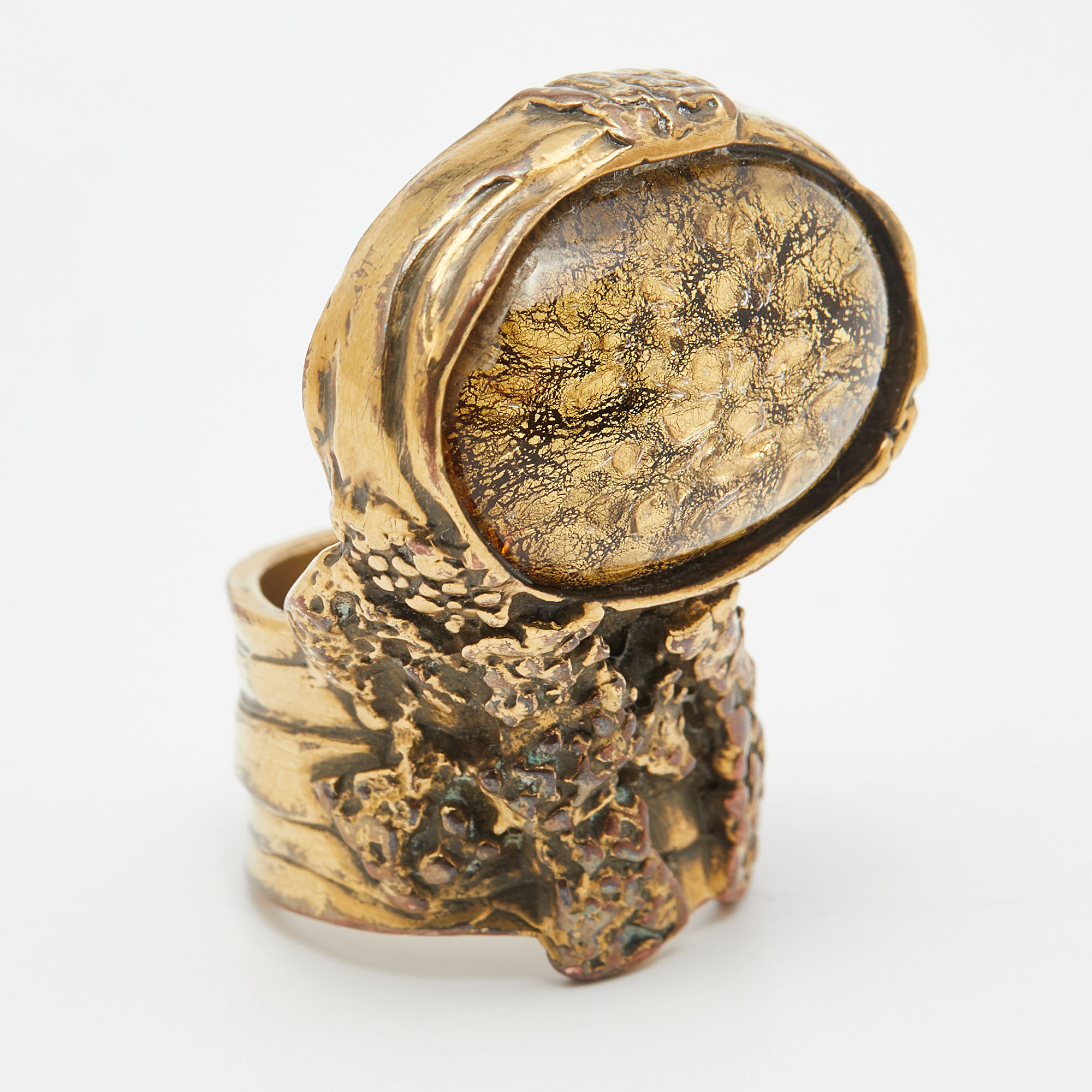 Pre Owned Yves Saint Laurent Yellow Arty Glass Cabochon Gold Tone Ring Size 57