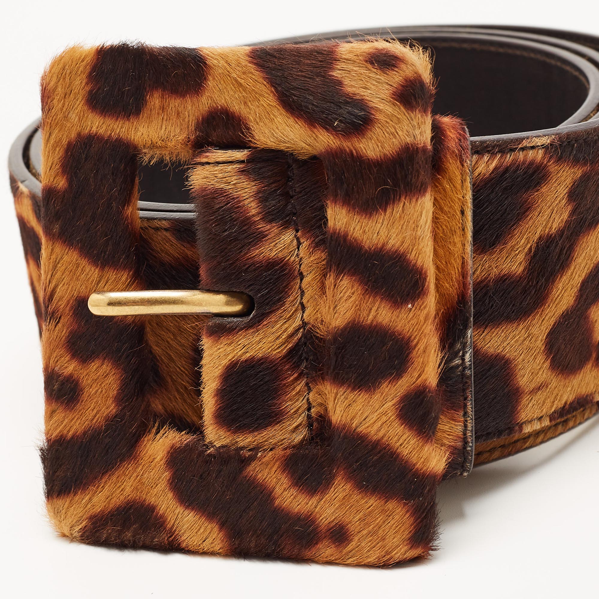 

Yves Saint Laurent Brown Leopard Print Calfhair and Leather Wide Buckle Belt