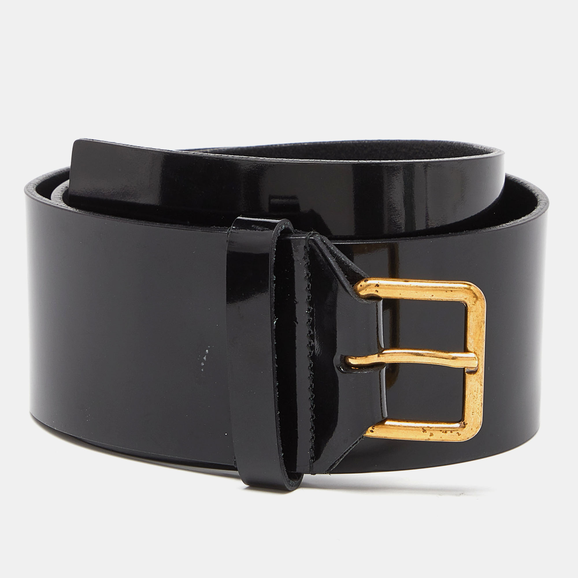 

Yves Saint Laurent Black Glossy Leather Buckle Wide Belt