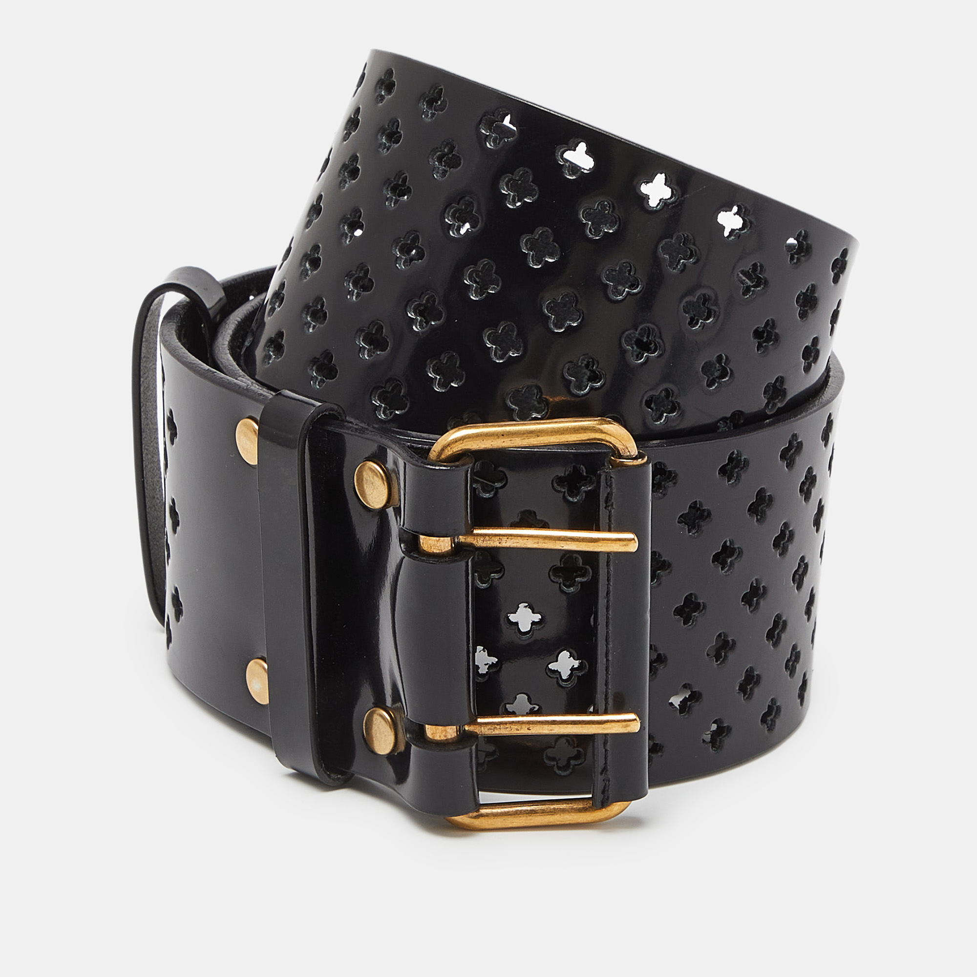 

Yves Saint Laurent Black Perforated Patent Leather Wide Buckle Belt 85CM