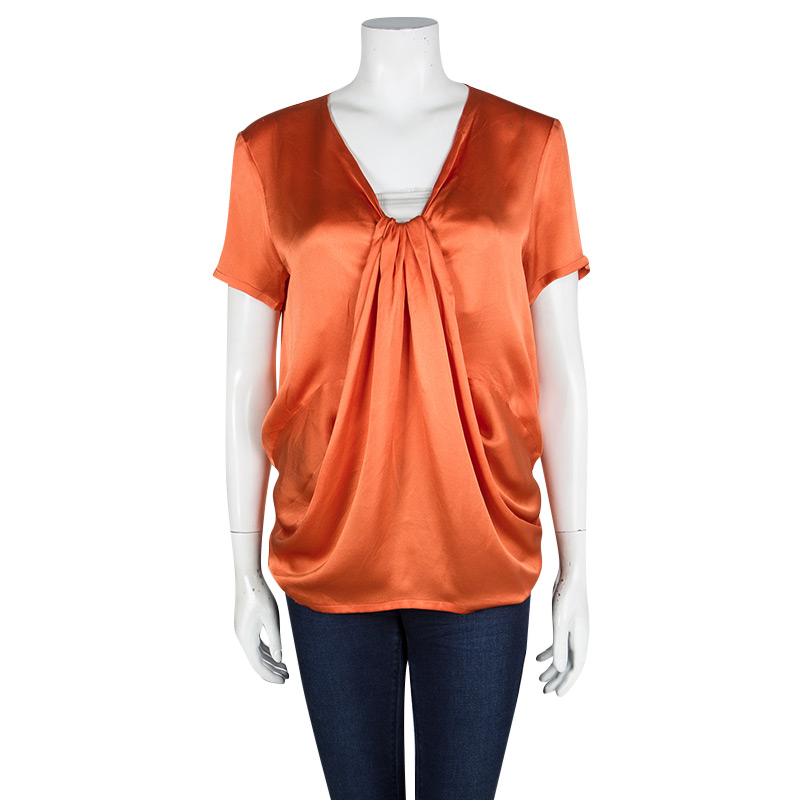 

Yves Saint Laurent Orange Silk Draped Front Short Sleeve Blouse