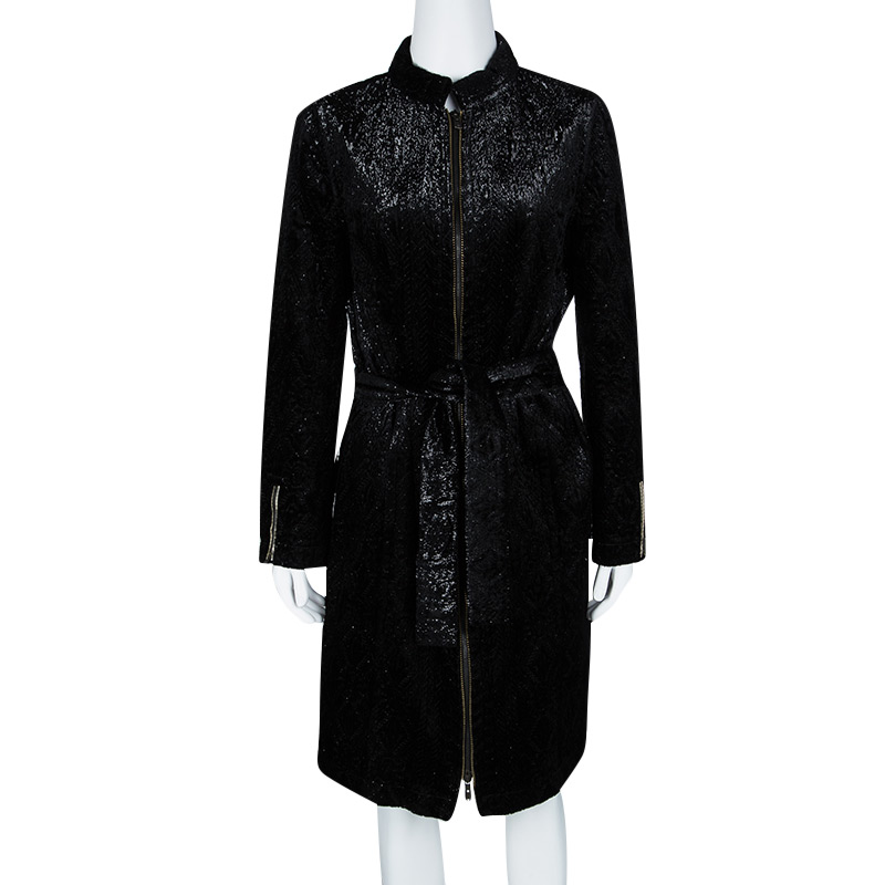 

Yves Saint Laurent Shiny Black Quilted Velvet Belted Long Coat