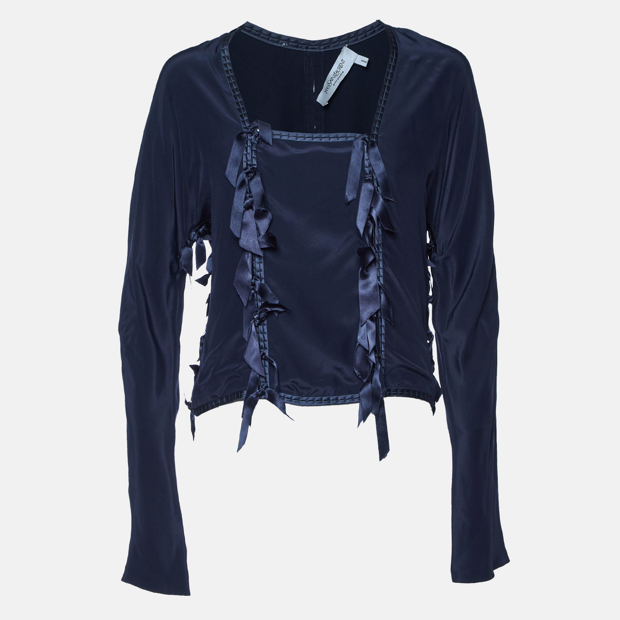 

Yves Saint Laurent Vintage Navy Blue Ribbon Detail Blouse L