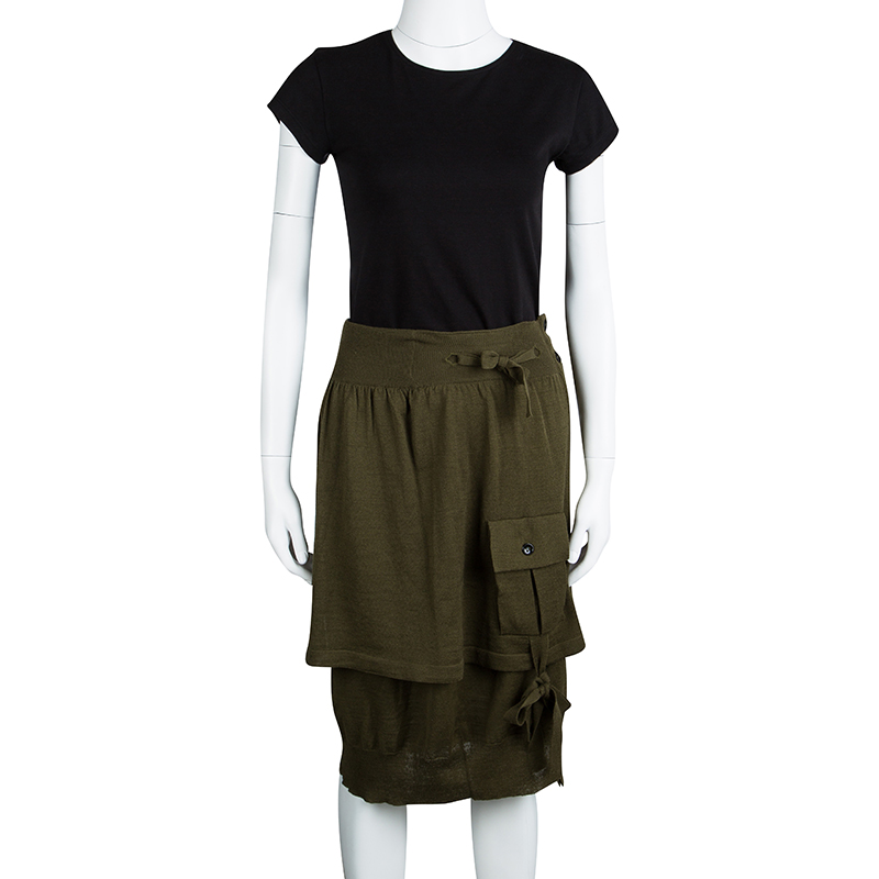 

Yves Saint Laurent Olive Green Wool Button Front Layered Skirt