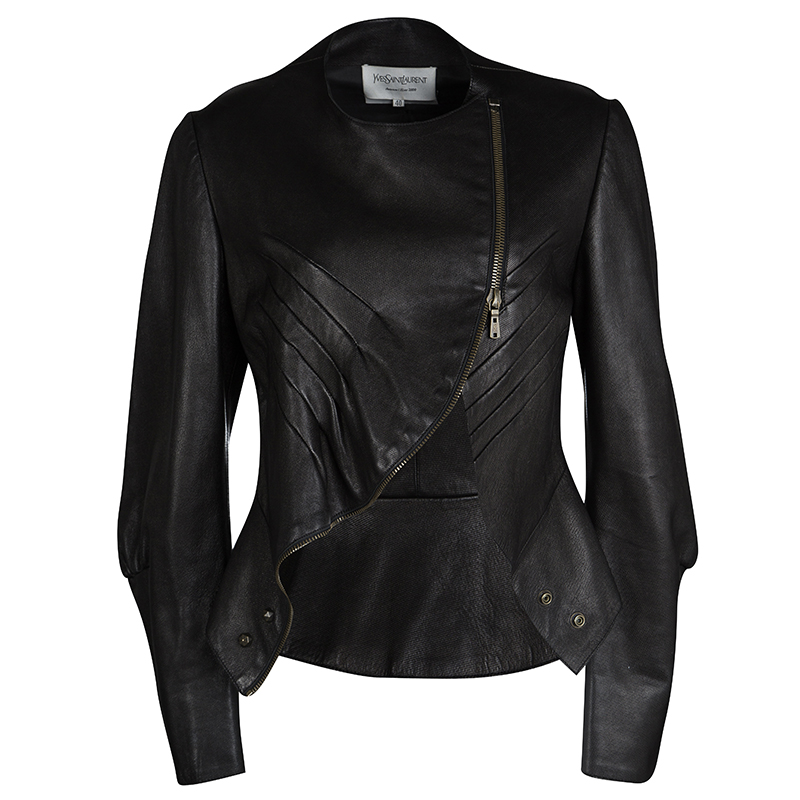 Yves Saint Lau Hiver 08 Dark Brown Leather Asymmetric Zip Front Jacket M