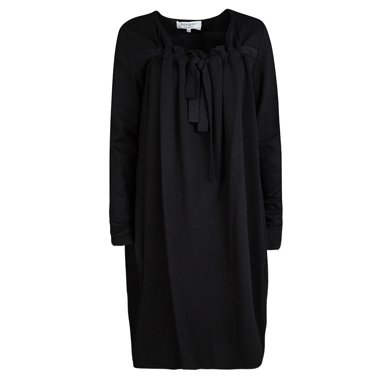 مملوكة مسبقًا فستان إيف سان لوران هايفر '09 تريكو أسود بطيات وربطة عنق أكمام طويلة L