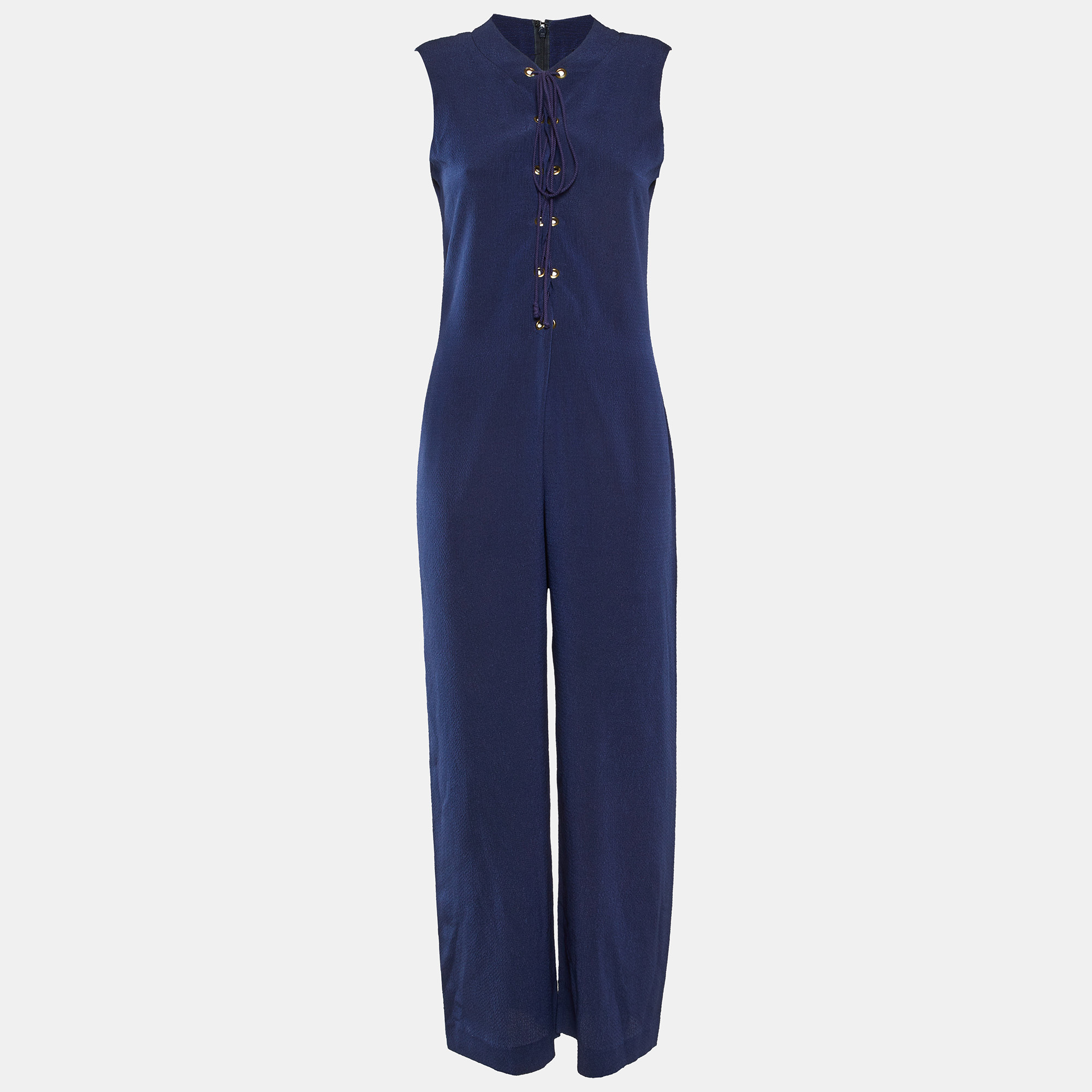Pre-owned Saint Laurent Blue Textured Crepe Lace Up Jumpsuit M