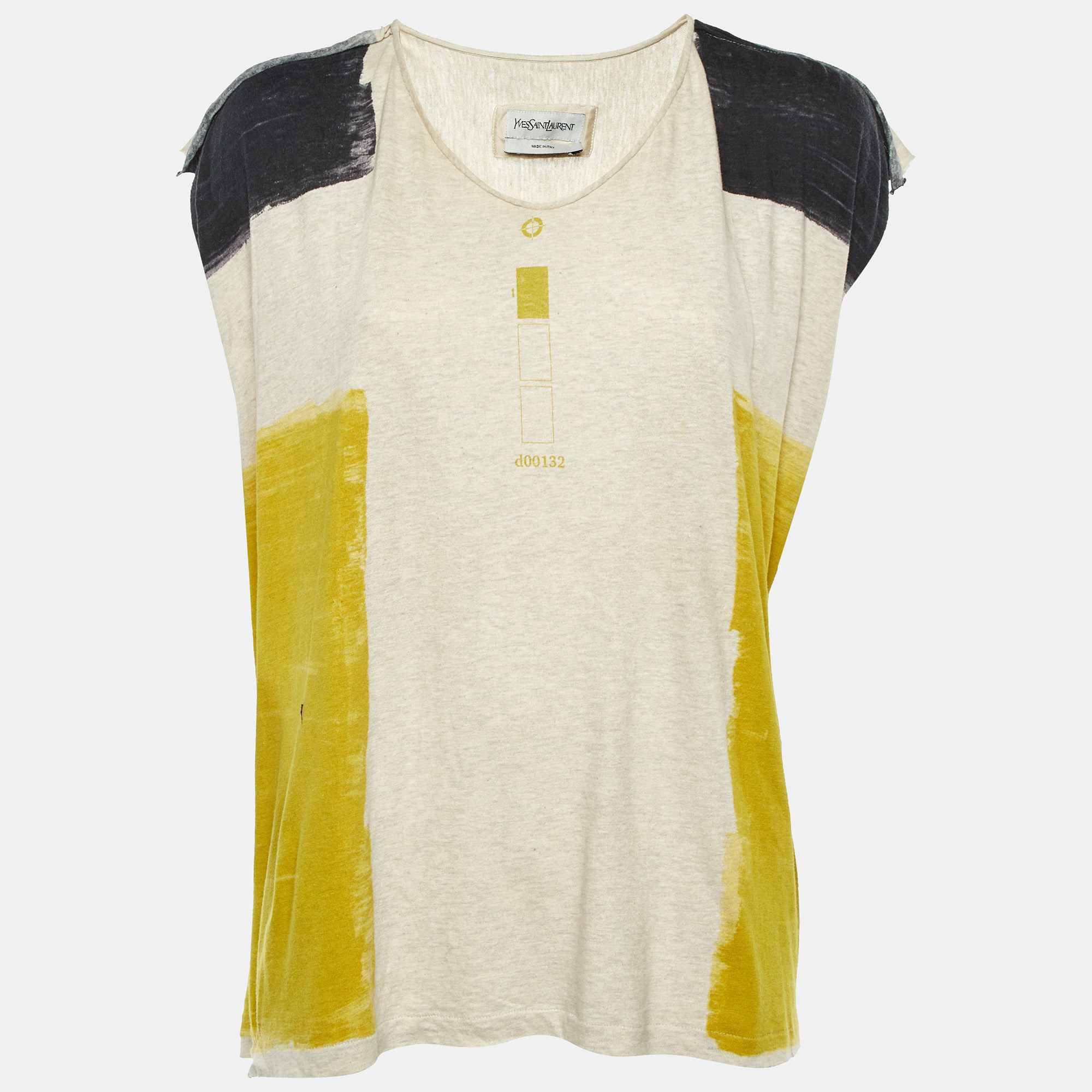 Pre-owned Saint Laurent Paris Cream Printed Cotton Distressed T-shirt L In White