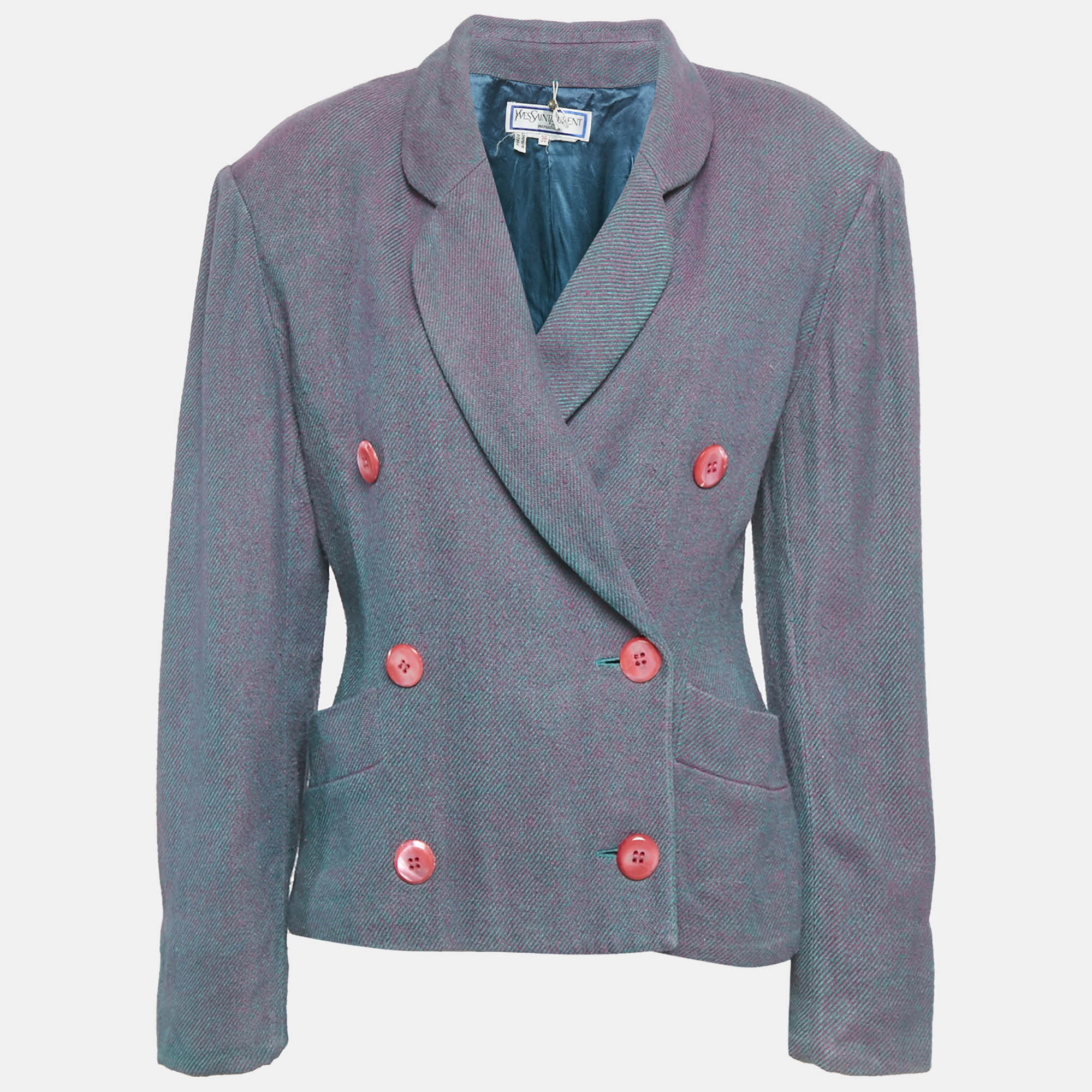 Pre-owned Saint Laurent Variation Pink/blue Gabardine Double Breasted Blazer M