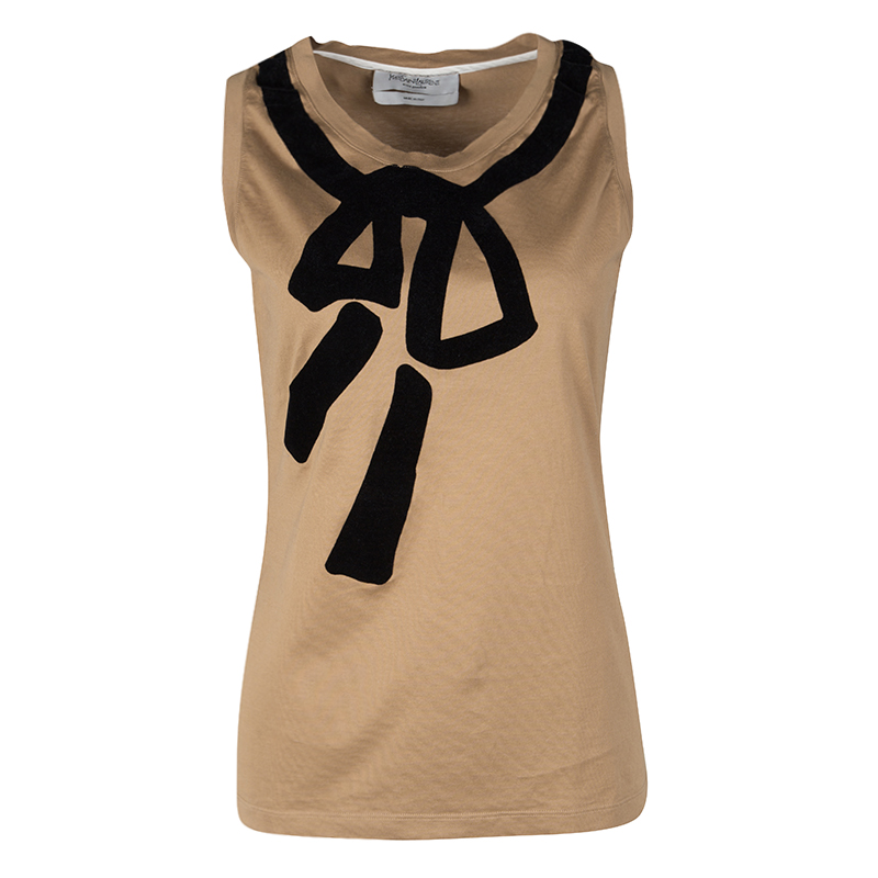 Pre Owned Yves Saint Laurent Paris Brown Flock Print Detail Sleeveless Top M